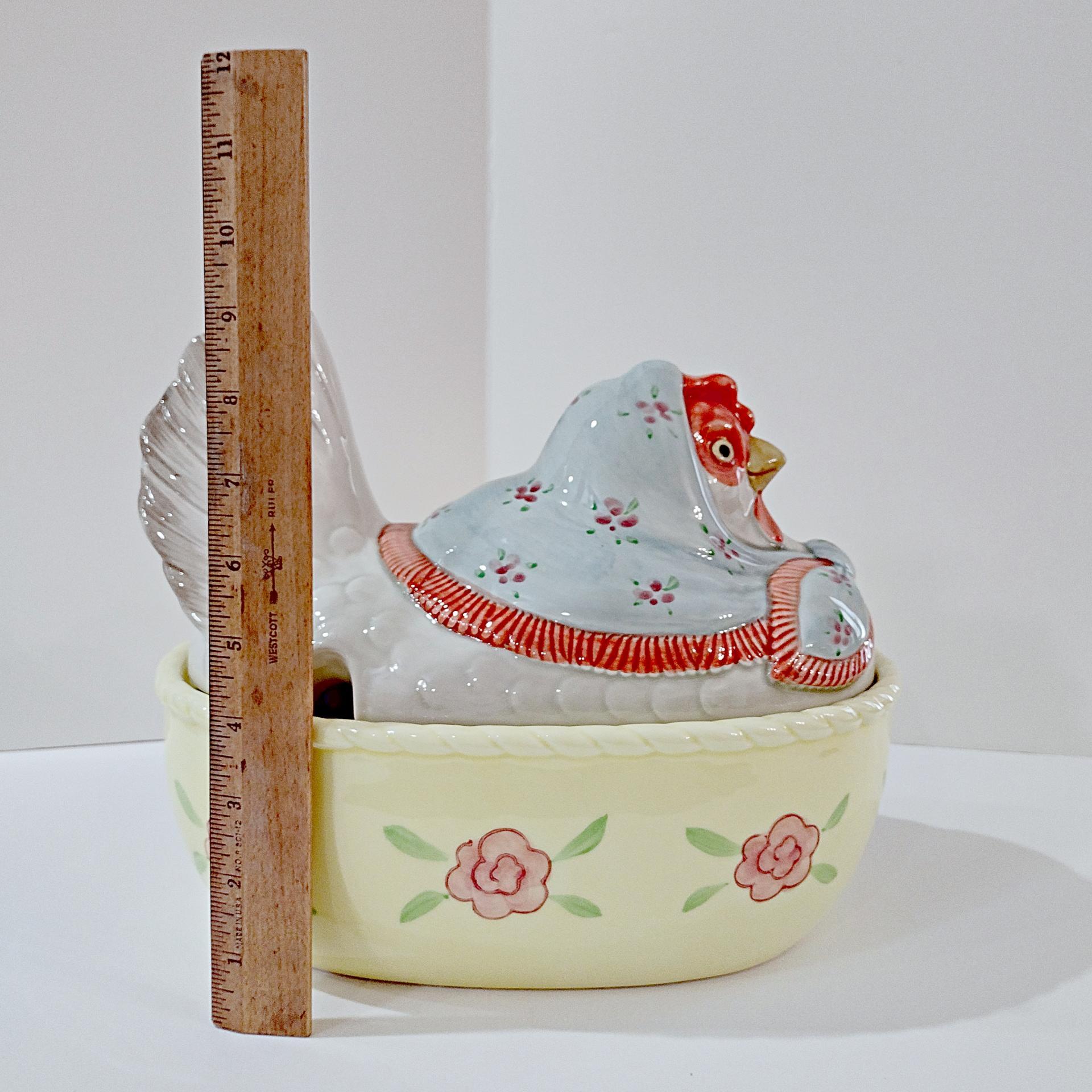 Vintage Fitz and Floyd Nesting Hen Oval Soup Tureen with Ladle 3 Piece Set, Large Chicken Soup Covered Ceramic Serving Bowl