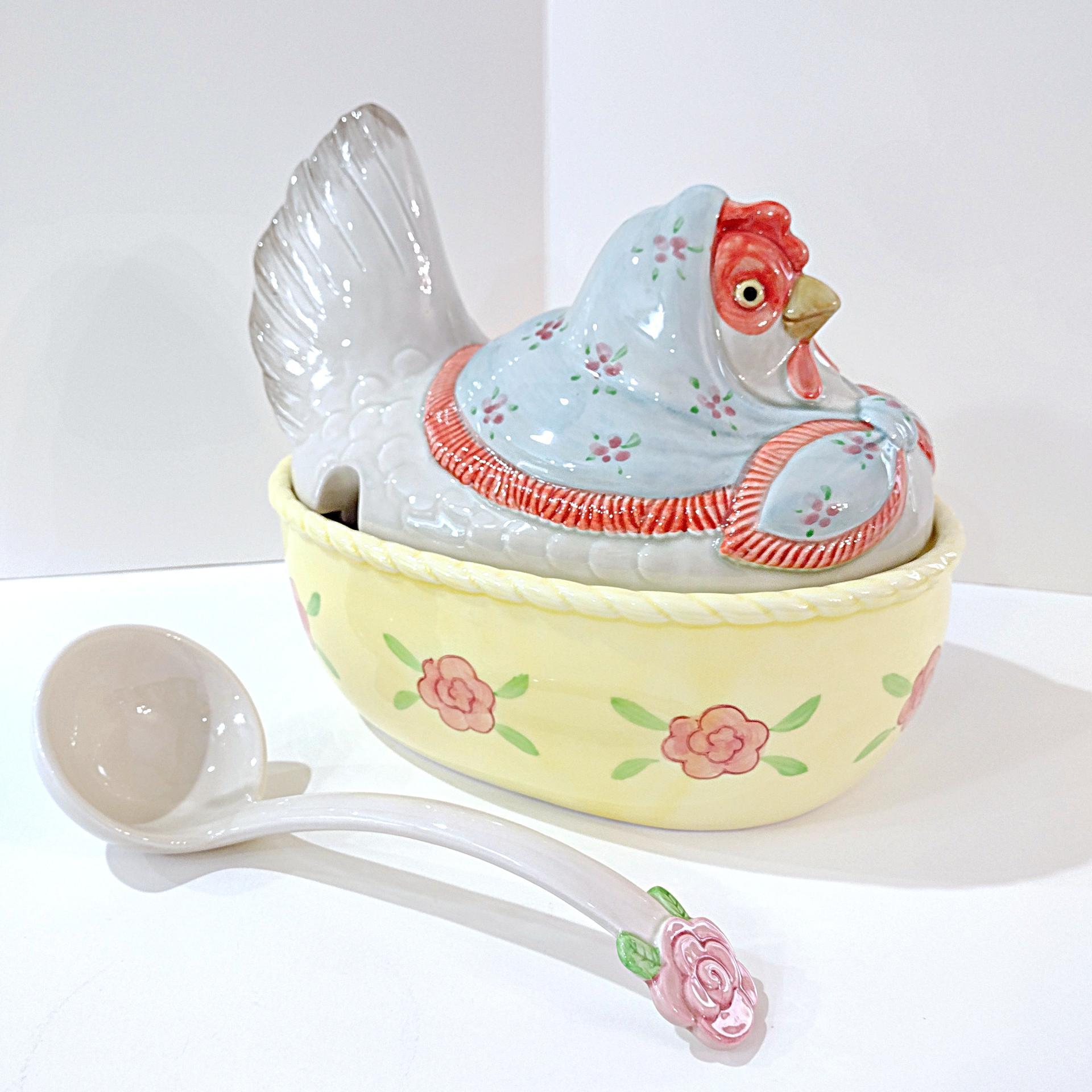 Vintage Fitz and Floyd Nesting Hen Oval Soup Tureen with Ladle 3 Piece Set, Large Chicken Soup Covered Ceramic Serving Bowl