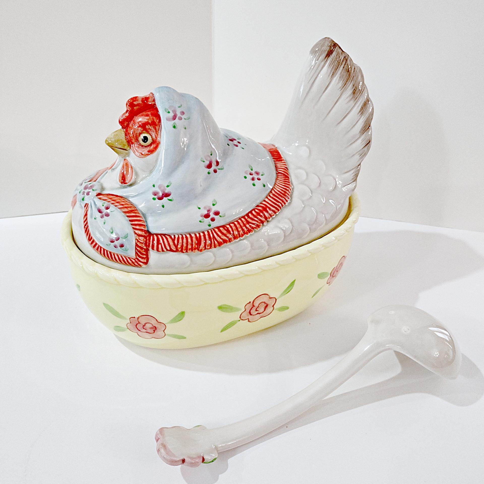 Vintage Fitz and Floyd Nesting Hen Oval Soup Tureen with Ladle 3 Piece Set, Large Chicken Soup Covered Ceramic Serving Bowl
