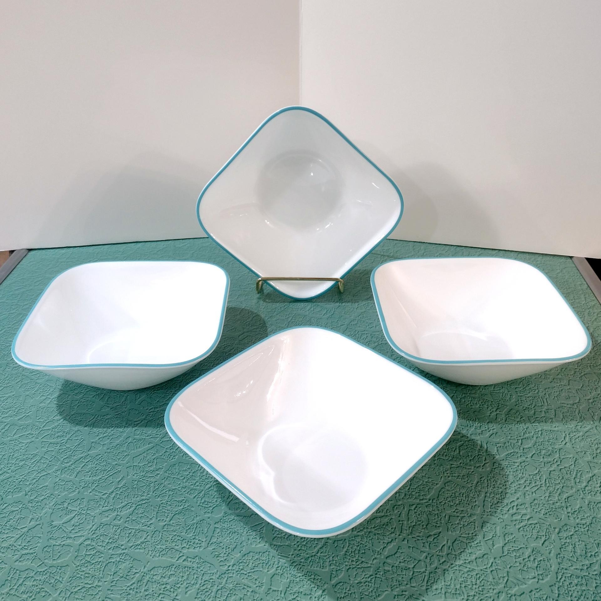 Corelle South Beach Raindrops Square Cereal Salad Bowls, Set of Four, White Bowls with Turquoise Teal Blue Rims