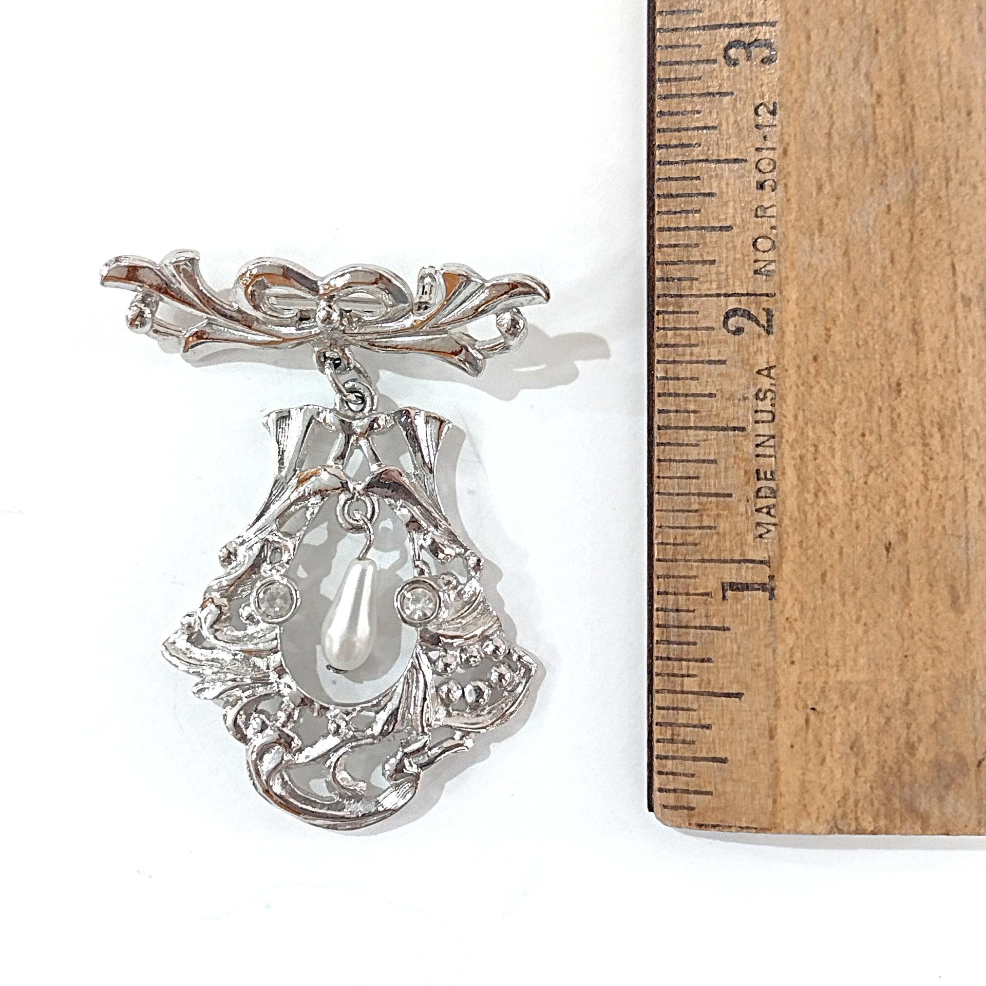 Vintage Silver and Pearl Pin Brooch, Dangle Silver Lapel Coat Scarf Pin