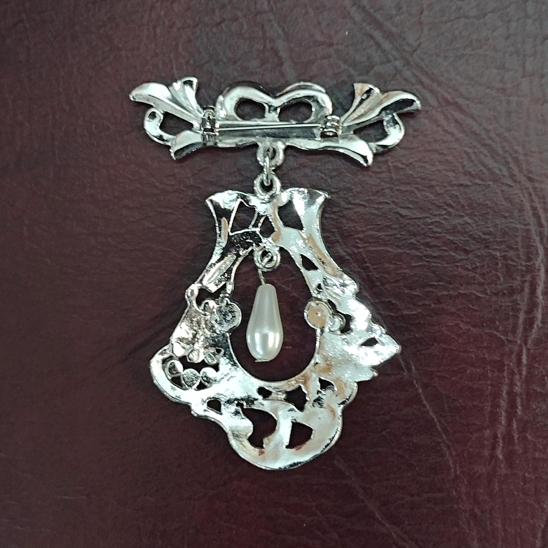 Vintage Silver and Pearl Pin Brooch, Dangle Silver Lapel Coat Scarf Pin
