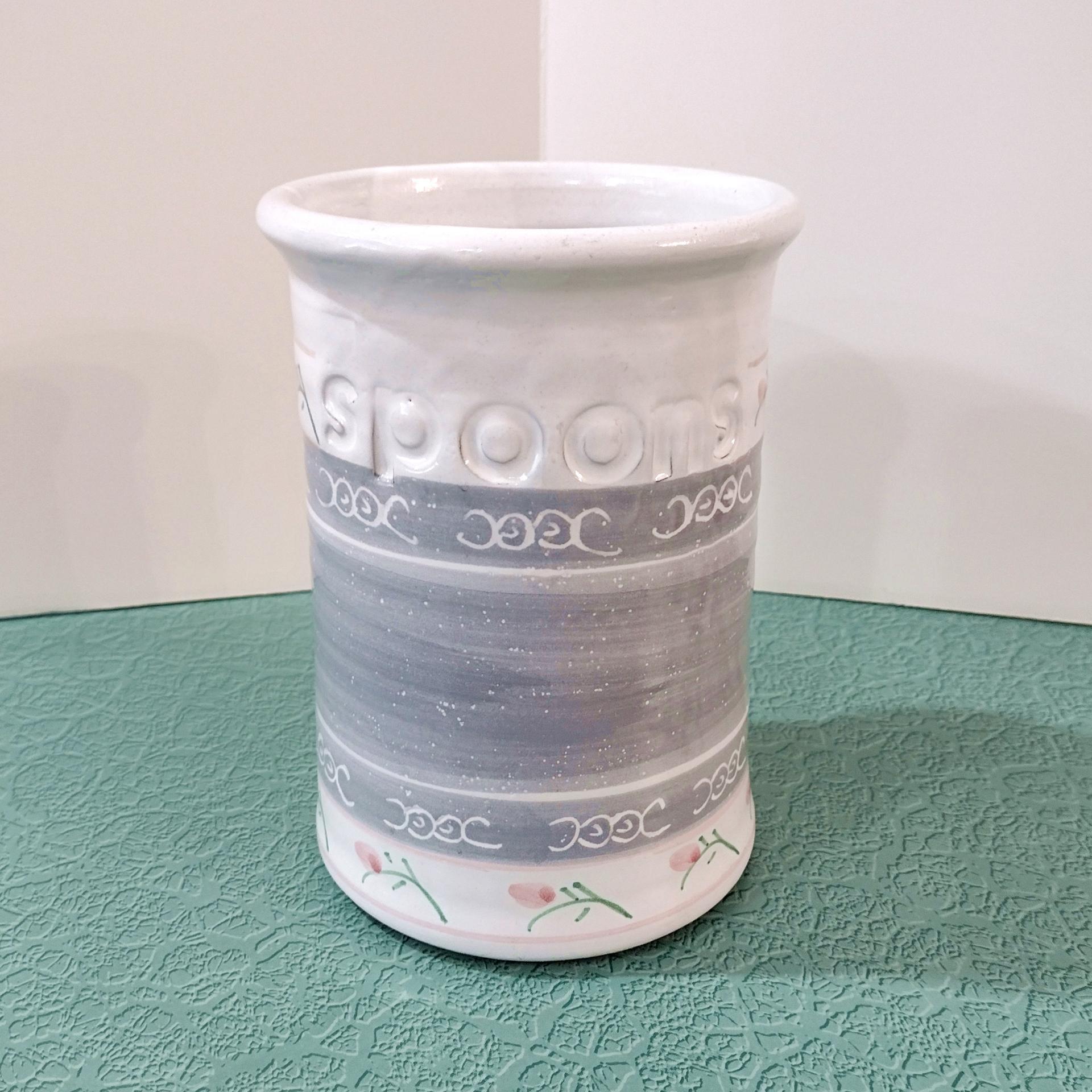 Vintage Ceramic Kitchen Utensil Spoon Holder, Gray and White with Pink Flowers, Country Cottage Collection