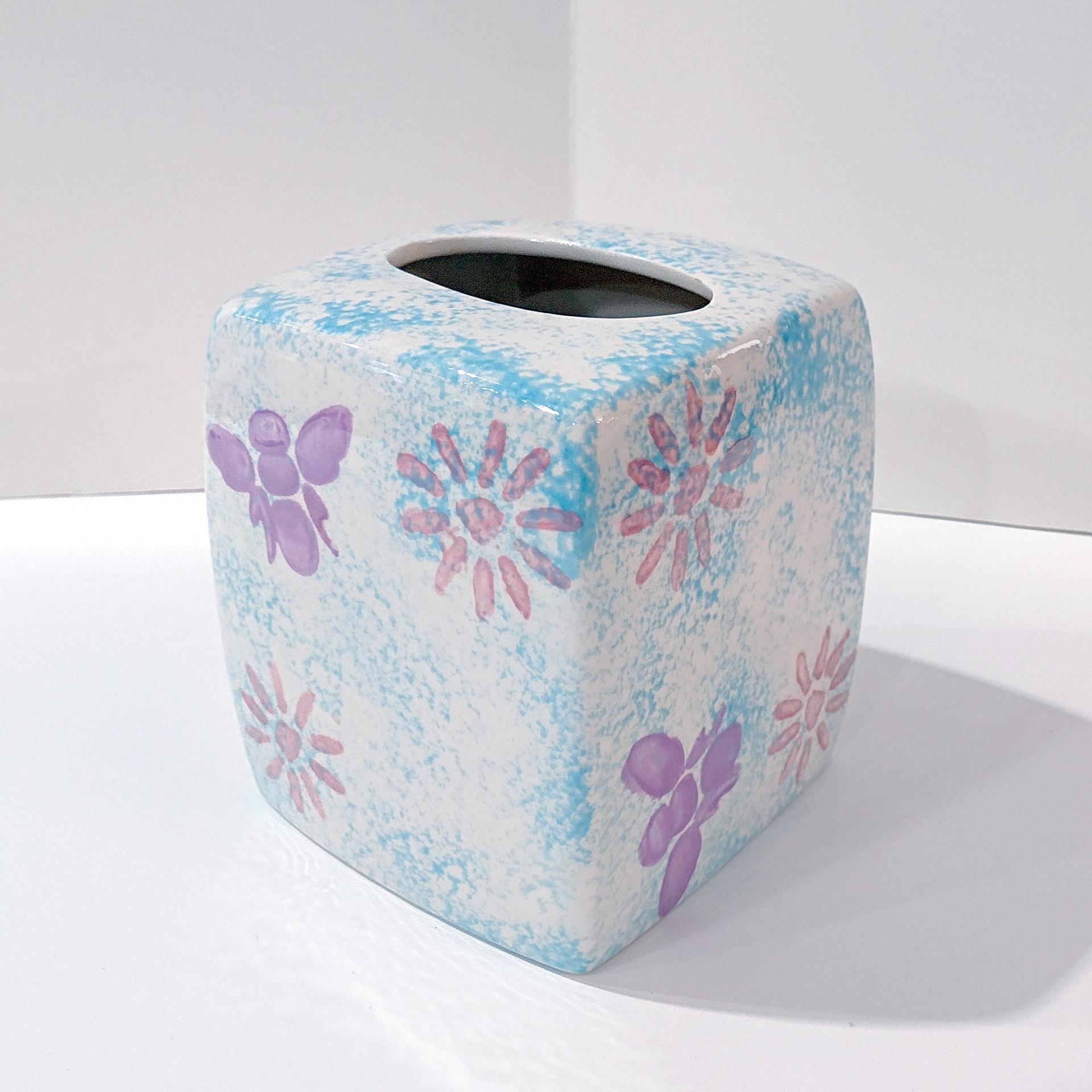 Vintage Blue Sponged Ceramic Square Tissue Box Cover Holder with Pink and Purple Flowers and Bumble Bees