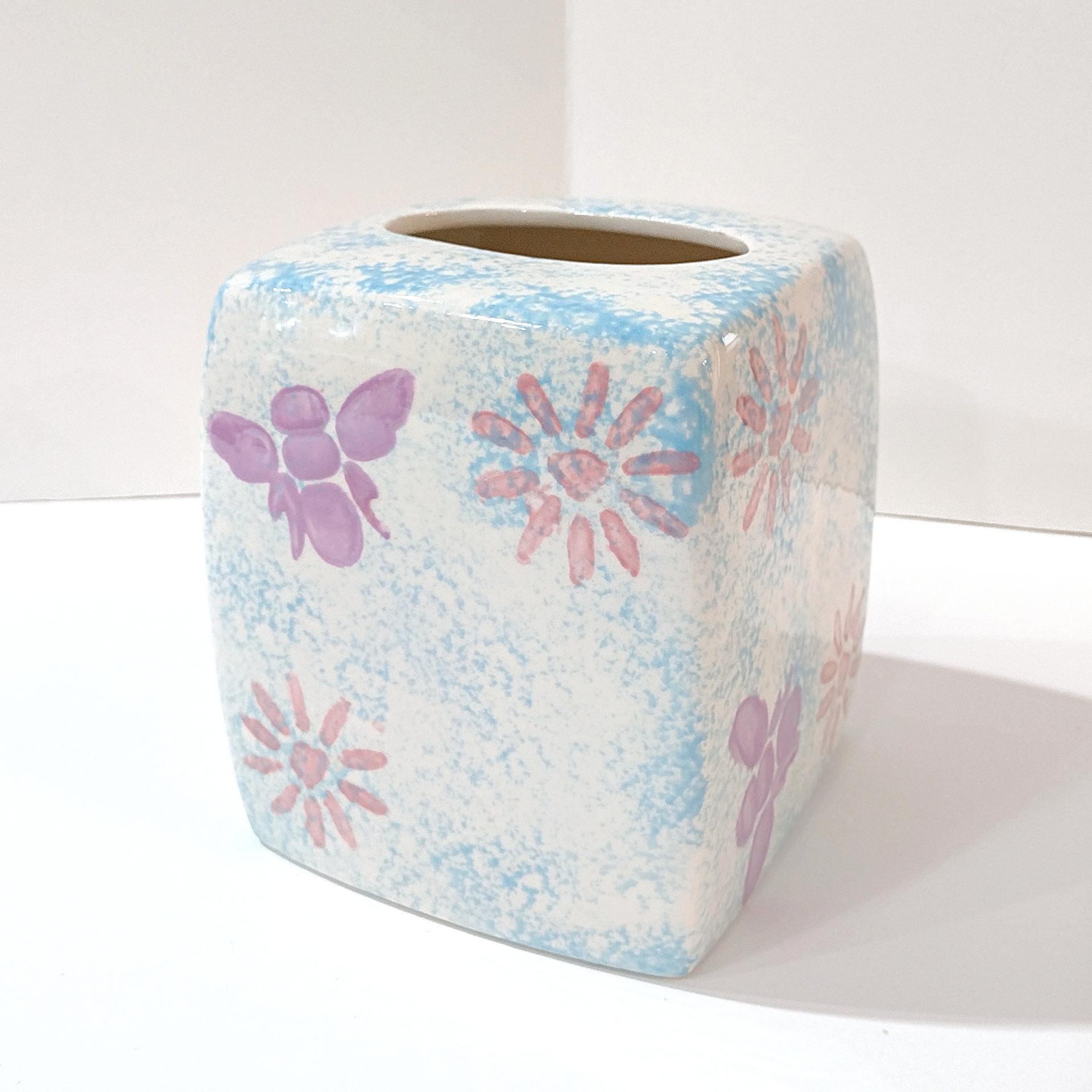 Vintage Blue Sponged Ceramic Square Tissue Box Cover Holder with Pink and Purple Flowers and Bumble Bees
