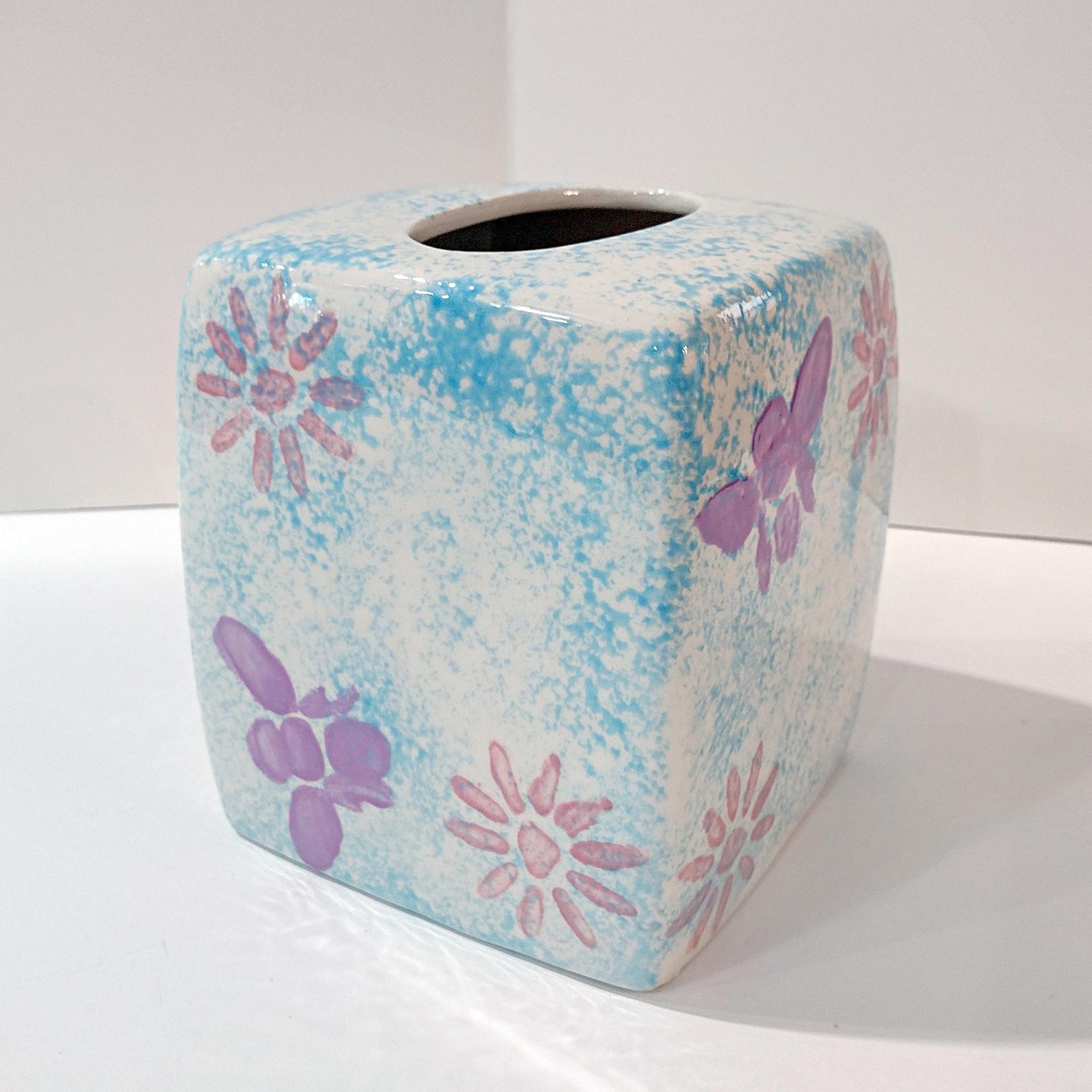 Vintage Blue Sponged Ceramic Square Tissue Box Cover Holder with Pink and Purple Flowers and Bumble Bees