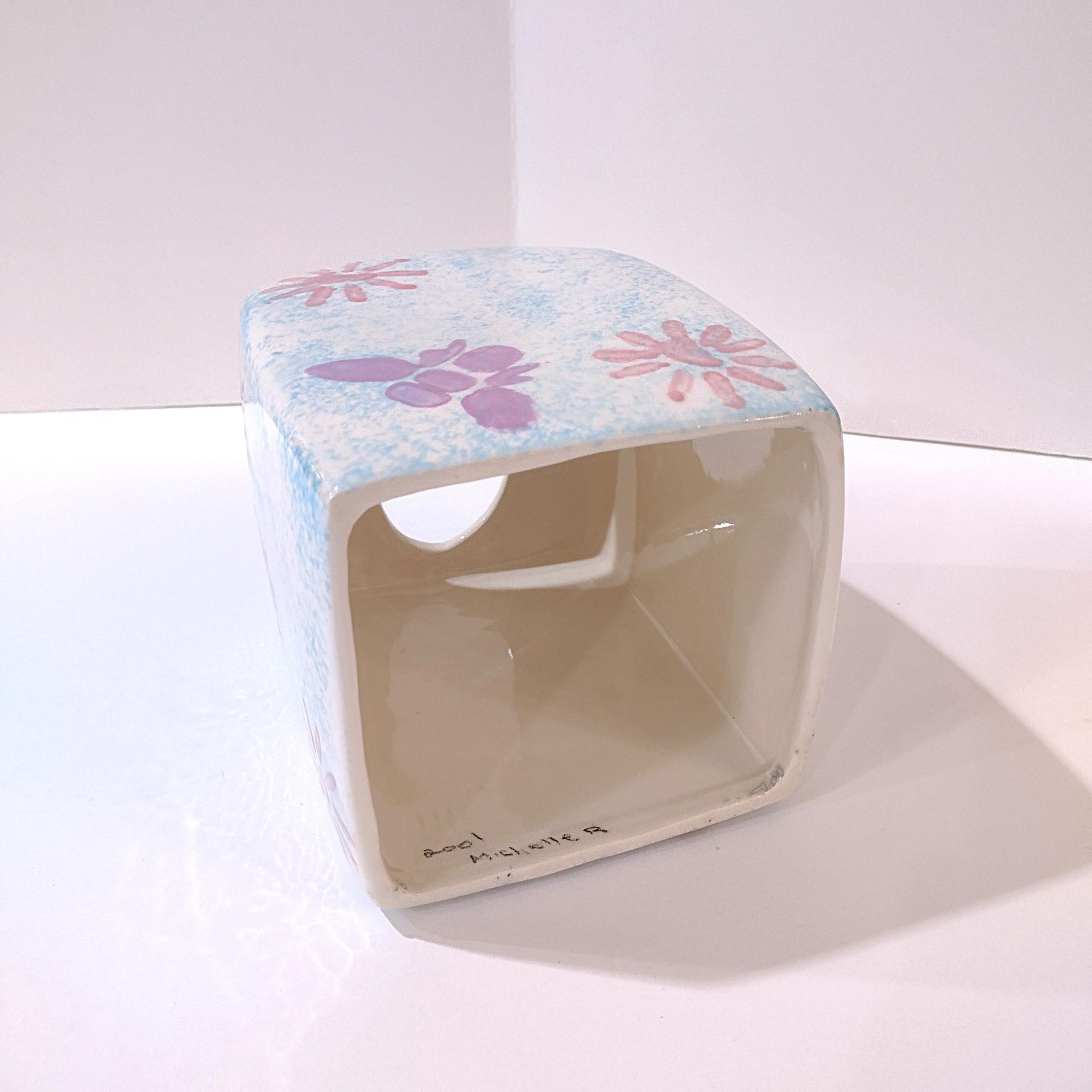 Vintage Blue Sponged Ceramic Square Tissue Box Cover Holder with Pink and Purple Flowers and Bumble Bees
