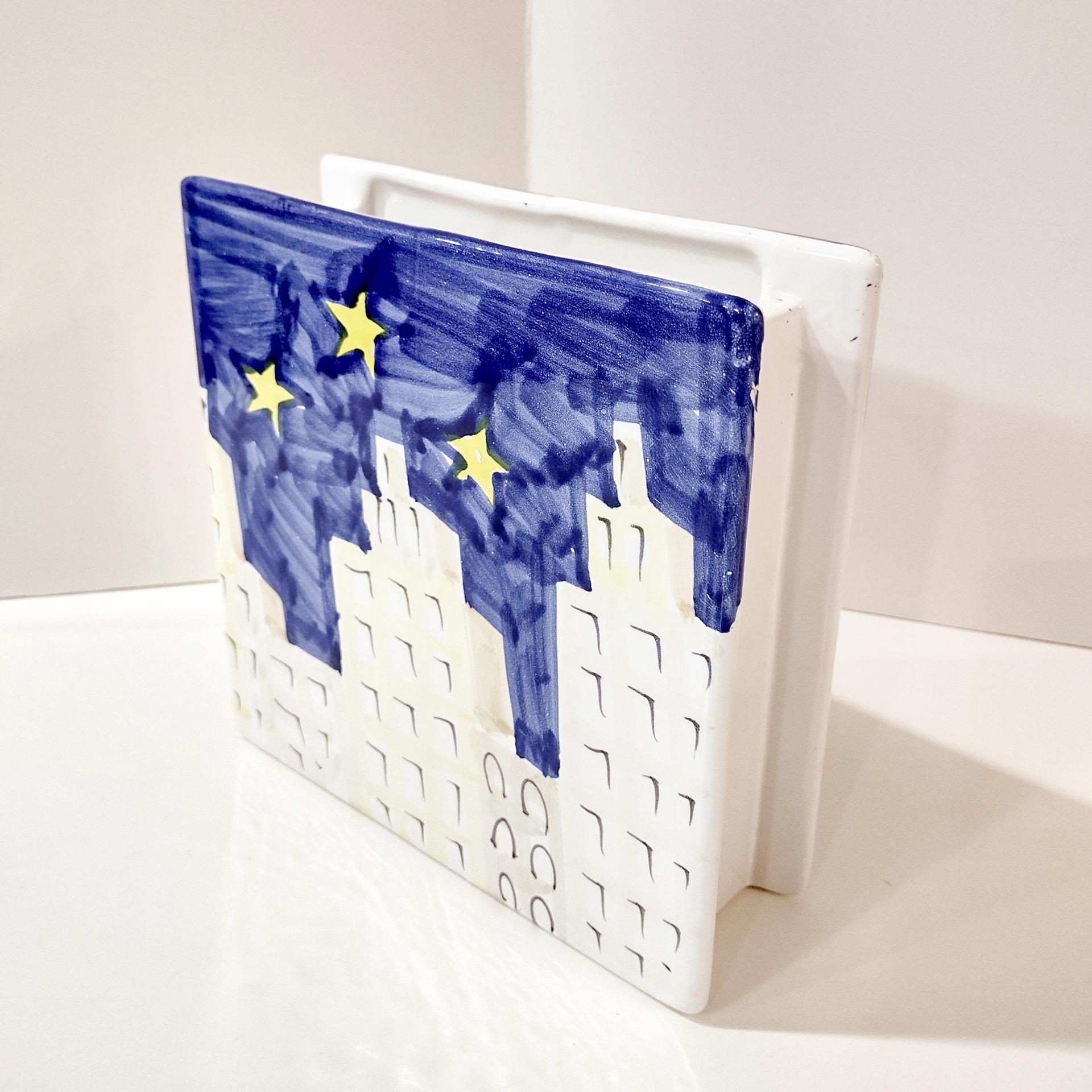 Vintage Ceramic Narrow Rectangular Planter Pot, Sun Moon Stars City Scape Flower Vase, Italian Pottery Windowsill Planter