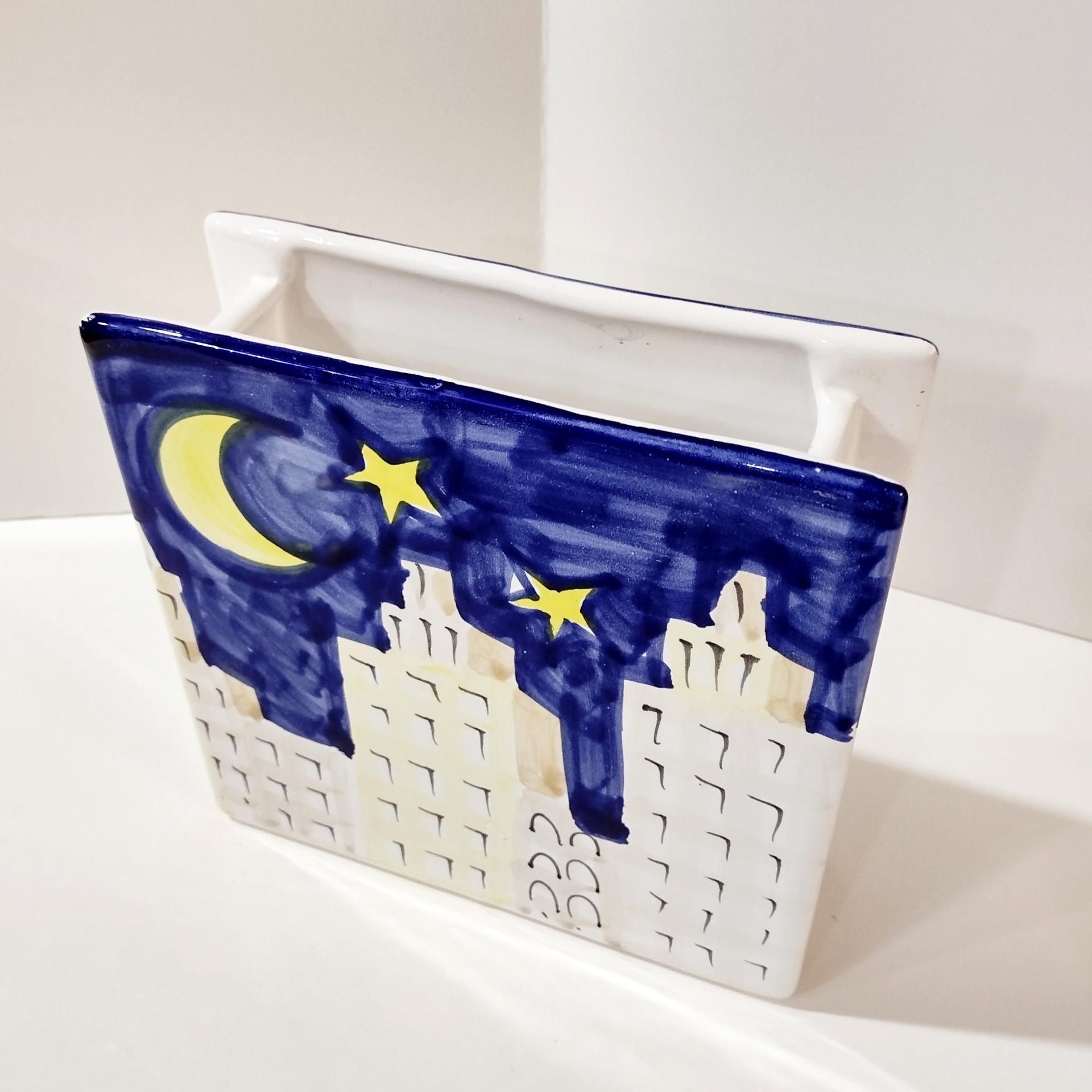 Vintage Ceramic Narrow Rectangular Planter Pot, Sun Moon Stars City Scape Flower Vase, Italian Pottery Windowsill Planter