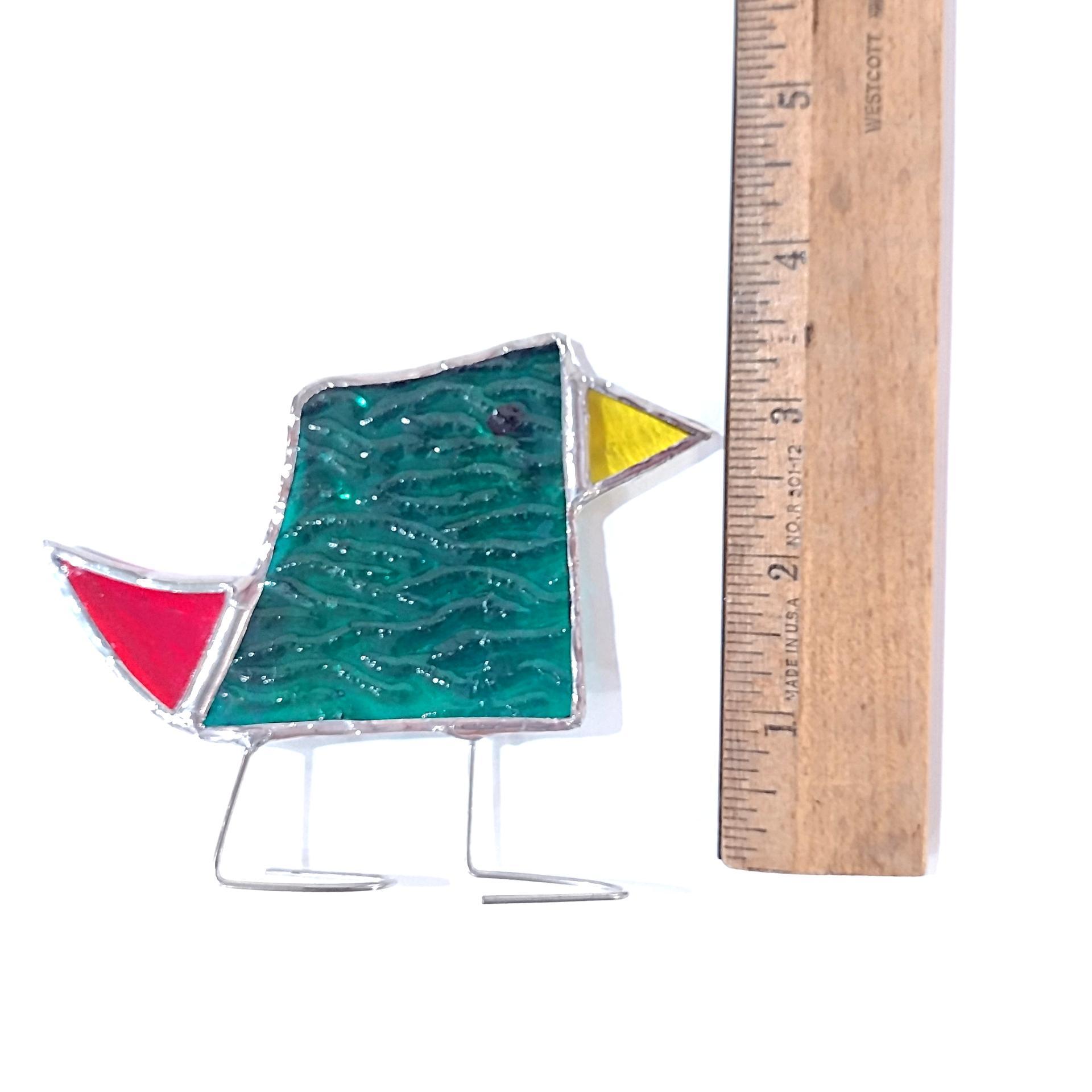 Stained Glass Standing Bird, Funky Green and Blue Glass Bird Suncatcher, Bird Lover Gift, Windowsill Sitter