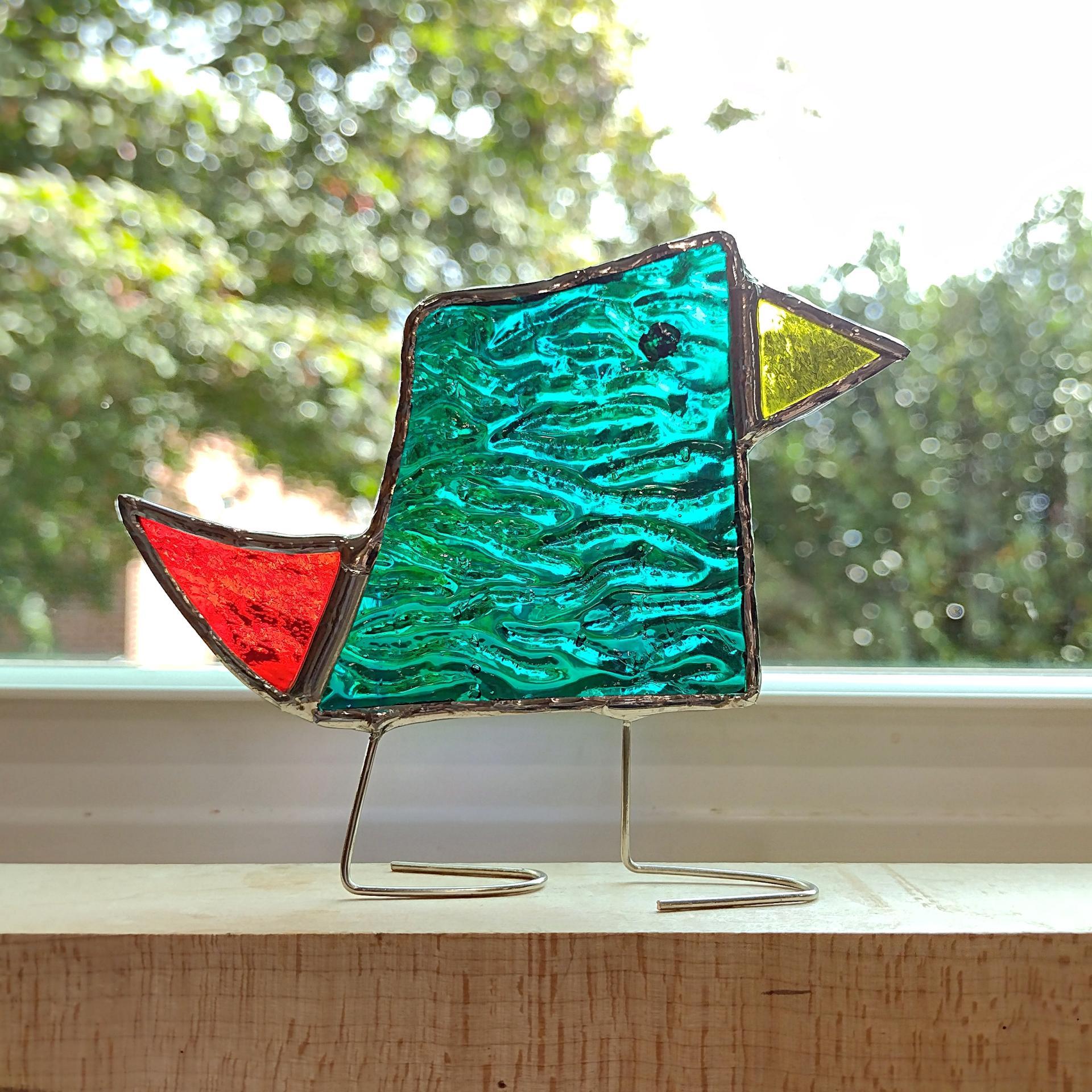 Stained Glass Standing Bird, Funky Green and Blue Glass Bird Suncatcher, Bird Lover Gift, Windowsill Sitter