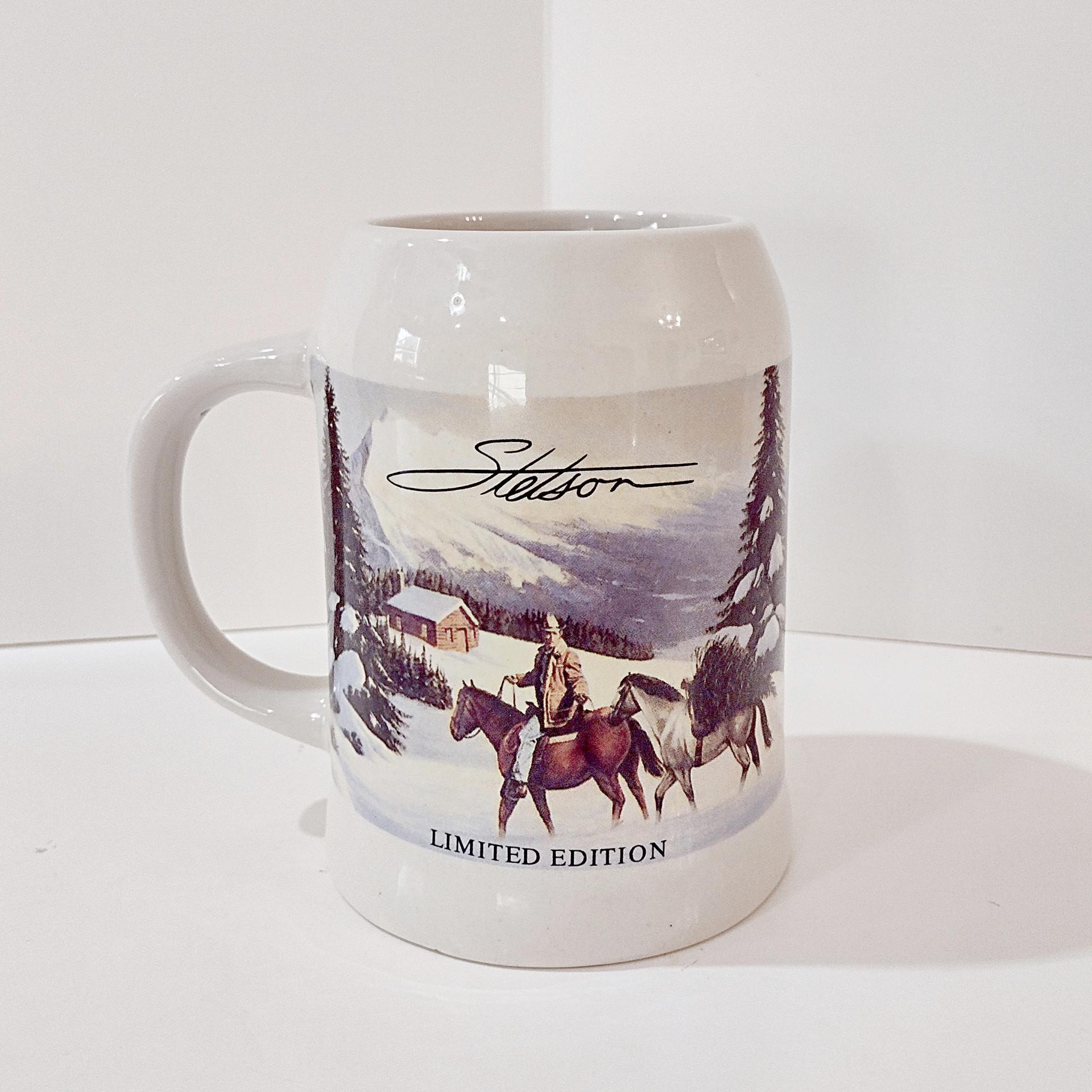 Vintage Stetson Limited Edition Ceramic Beer Mug Stein, Winter Cowboy Horses Scene