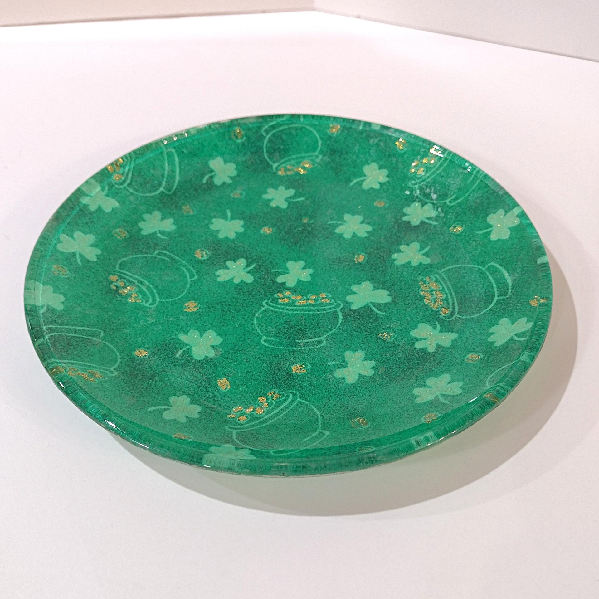 Vintage Green and Gold Shamrock Pot of Gold St. Patrick's Day Glass Plate