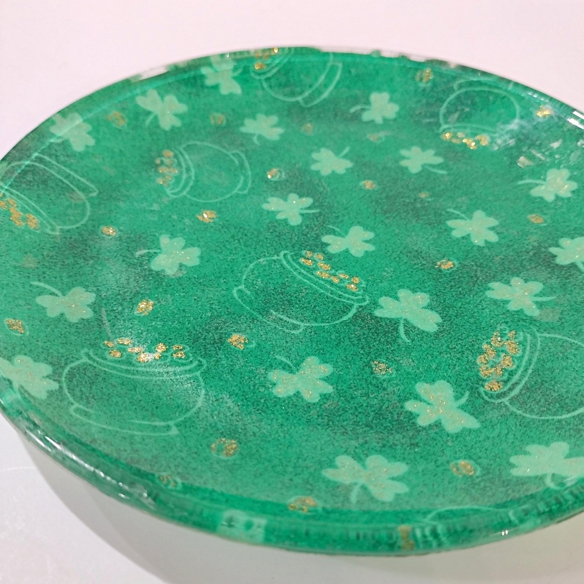 Vintage Green and Gold Shamrock Pot of Gold St. Patrick's Day Glass Plate
