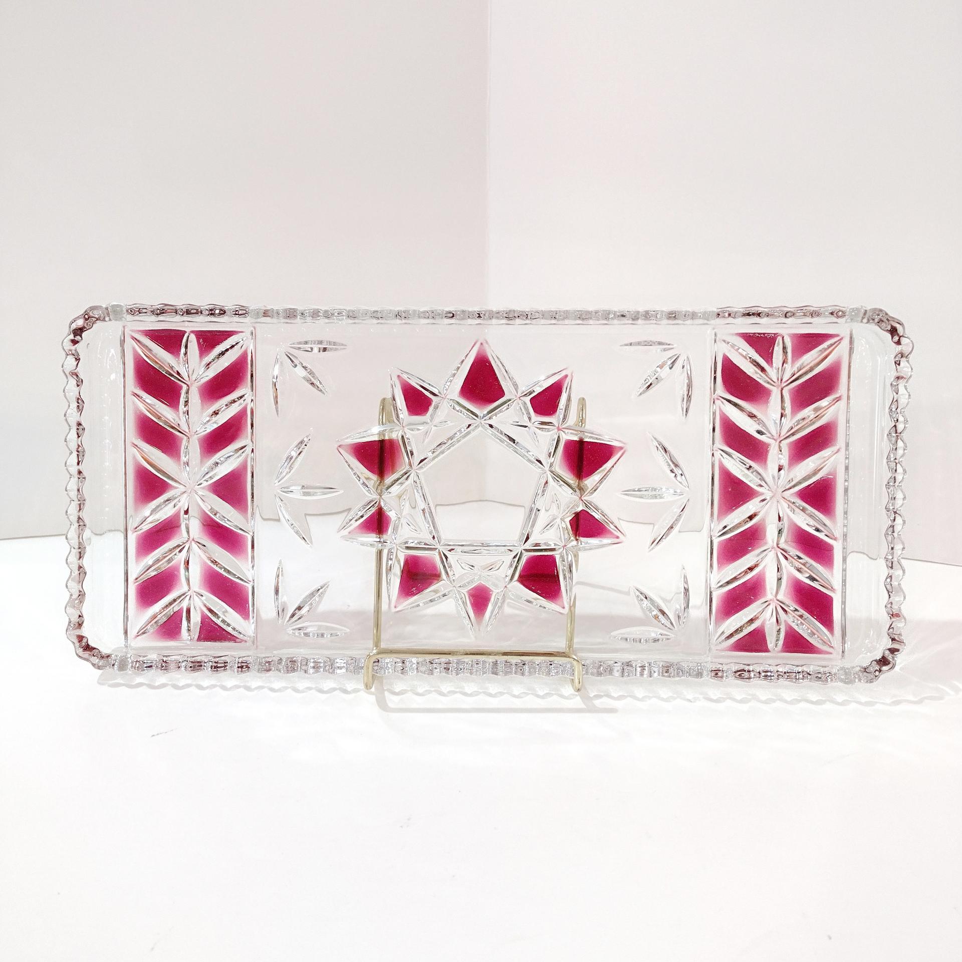 Vintage Cut Glass Serving Tray / Stollen Plate with Red Star Design, Charcuterie Appetizer Serving Tray