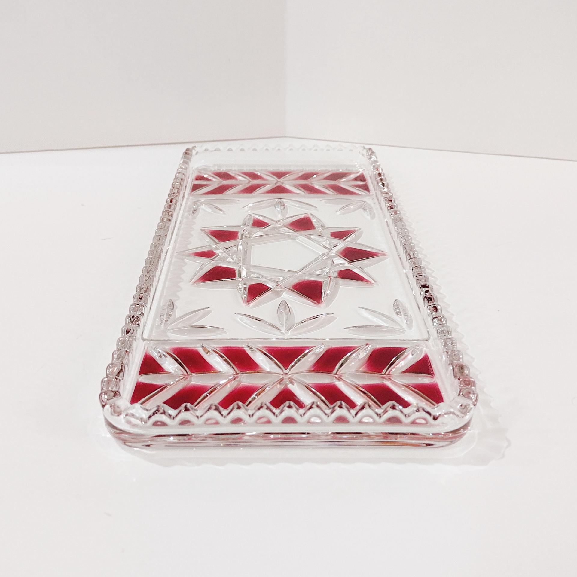 Vintage Cut Glass Serving Tray / Stollen Plate with Red Star Design, Charcuterie Appetizer Serving Tray