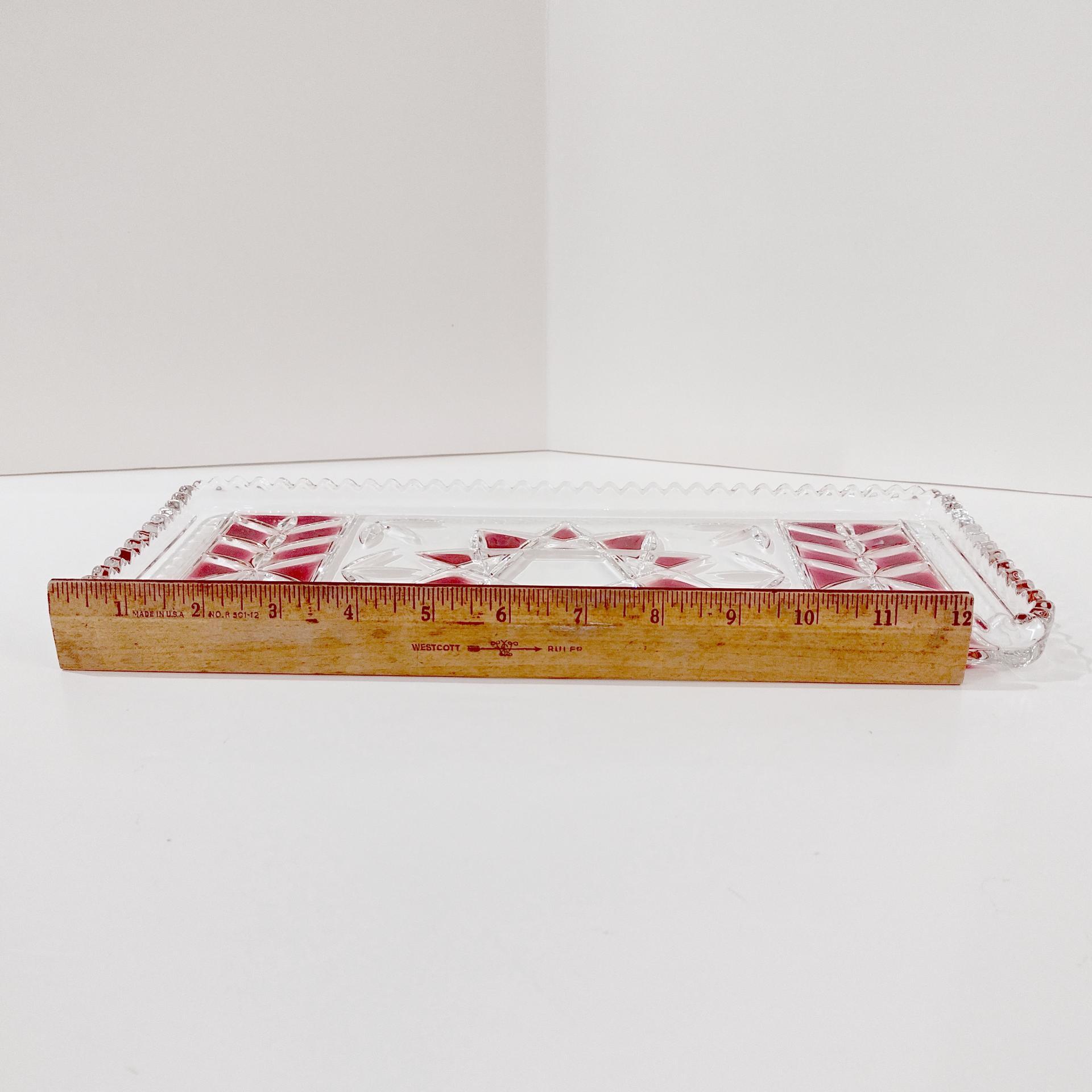 Vintage Cut Glass Serving Tray / Stollen Plate with Red Star Design, Charcuterie Appetizer Serving Tray