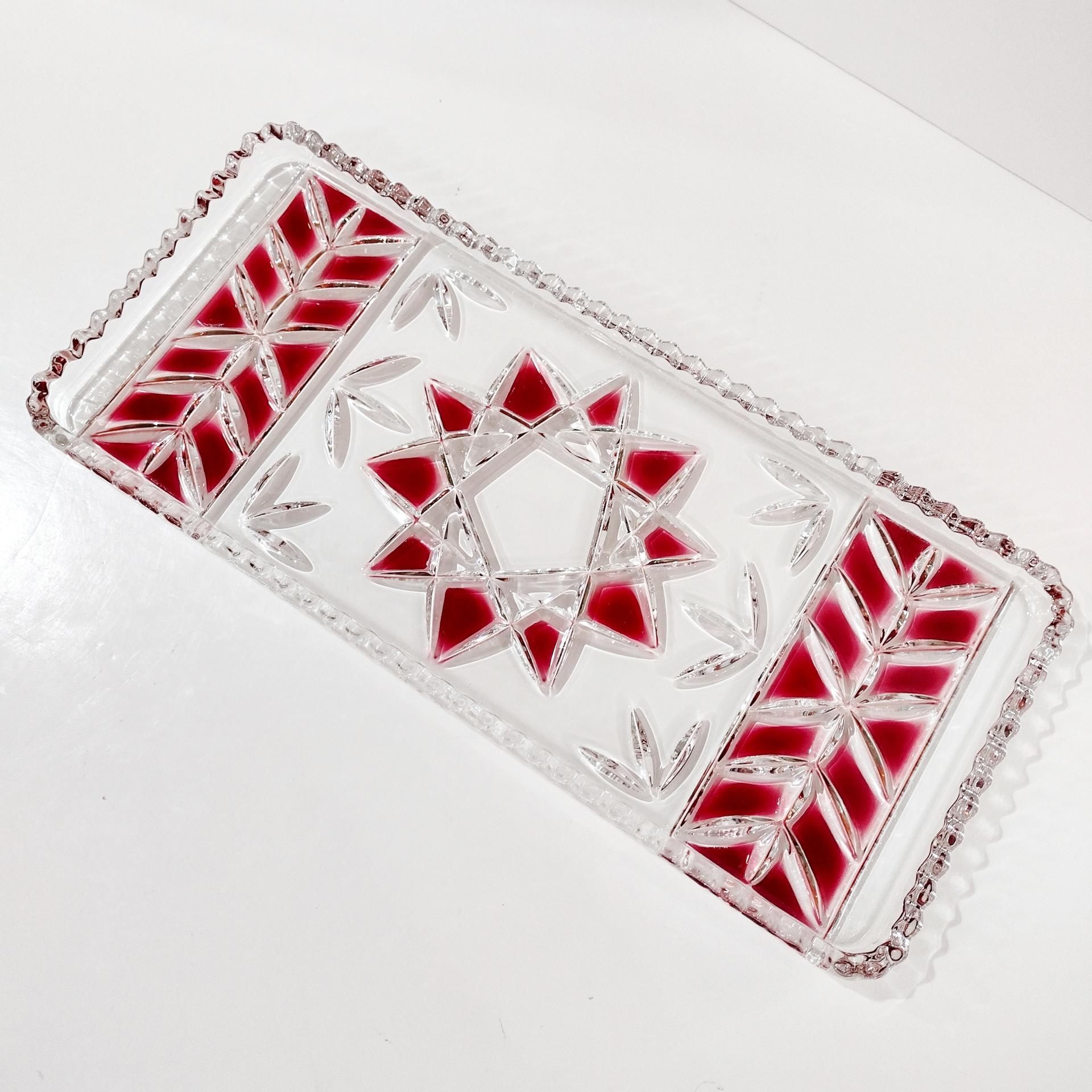 Vintage Cut Glass Serving Tray / Stollen Plate with Red Star Design, Charcuterie Appetizer Serving Tray