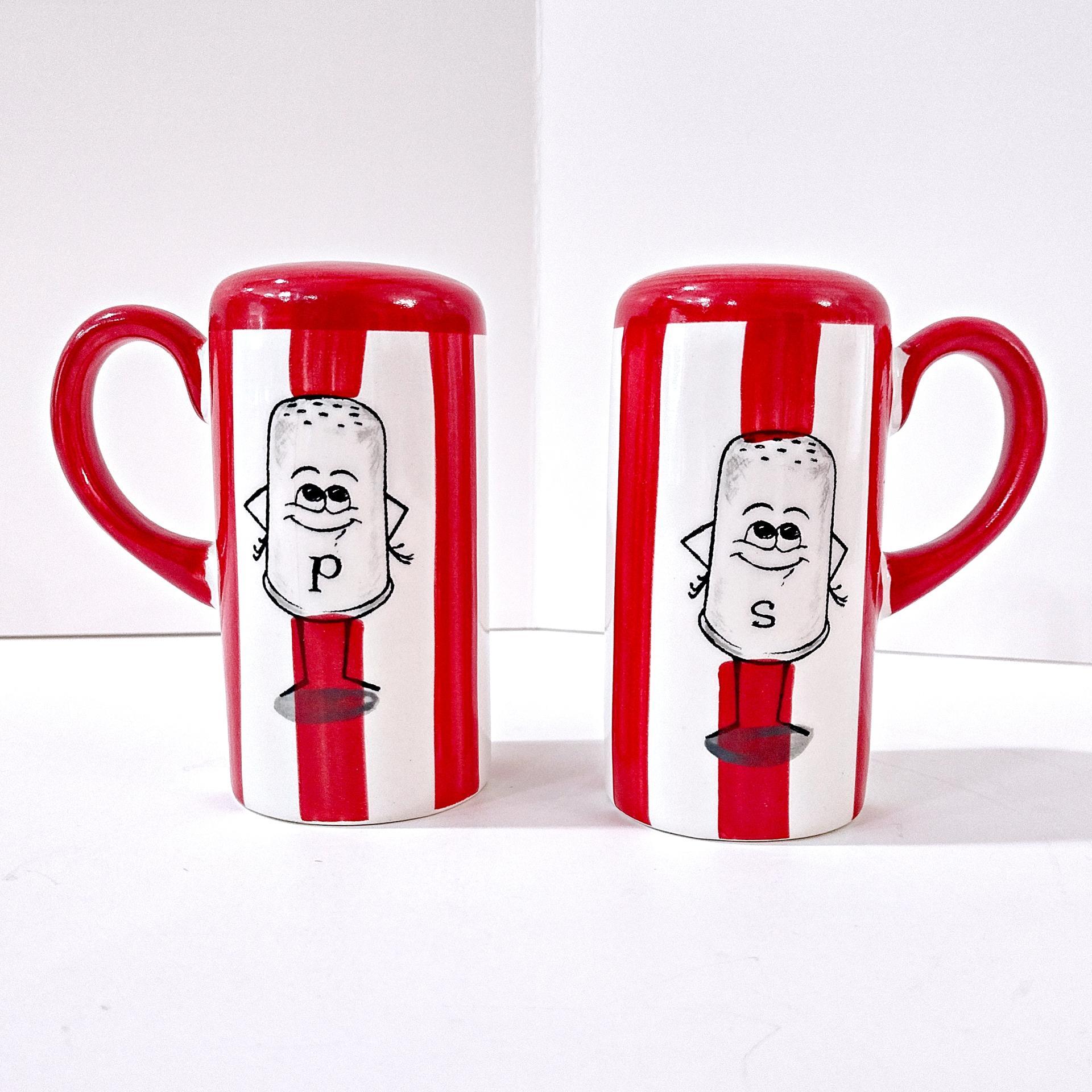 Vintage Red and White Striped Movie Popcorn Box Salt and Pepper Shaker Set with Anthropomorphic Characters, Large Handled Kitchen Shakers