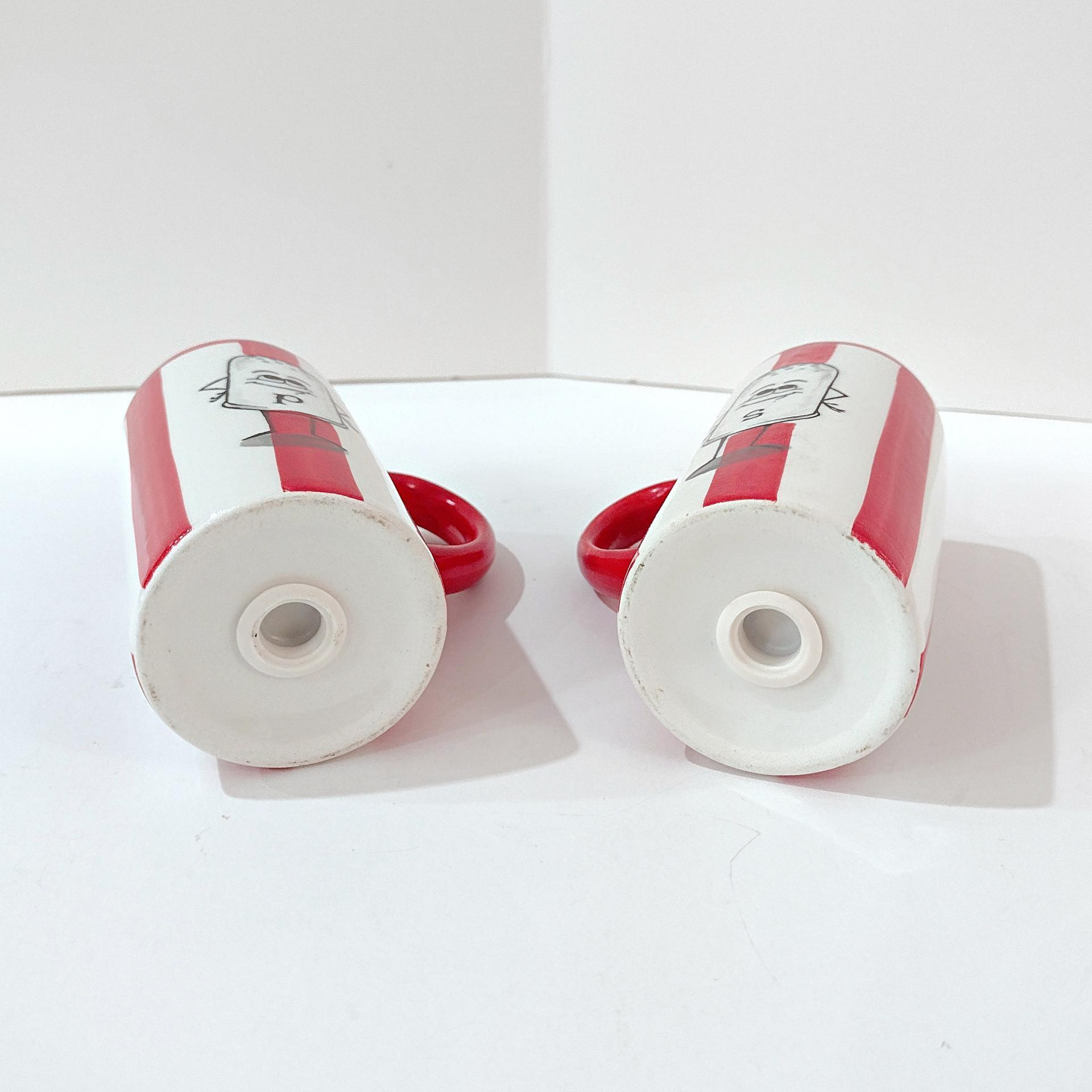 Vintage Red and White Striped Movie Popcorn Box Salt and Pepper Shaker Set with Anthropomorphic Characters, Large Handled Kitchen Shakers