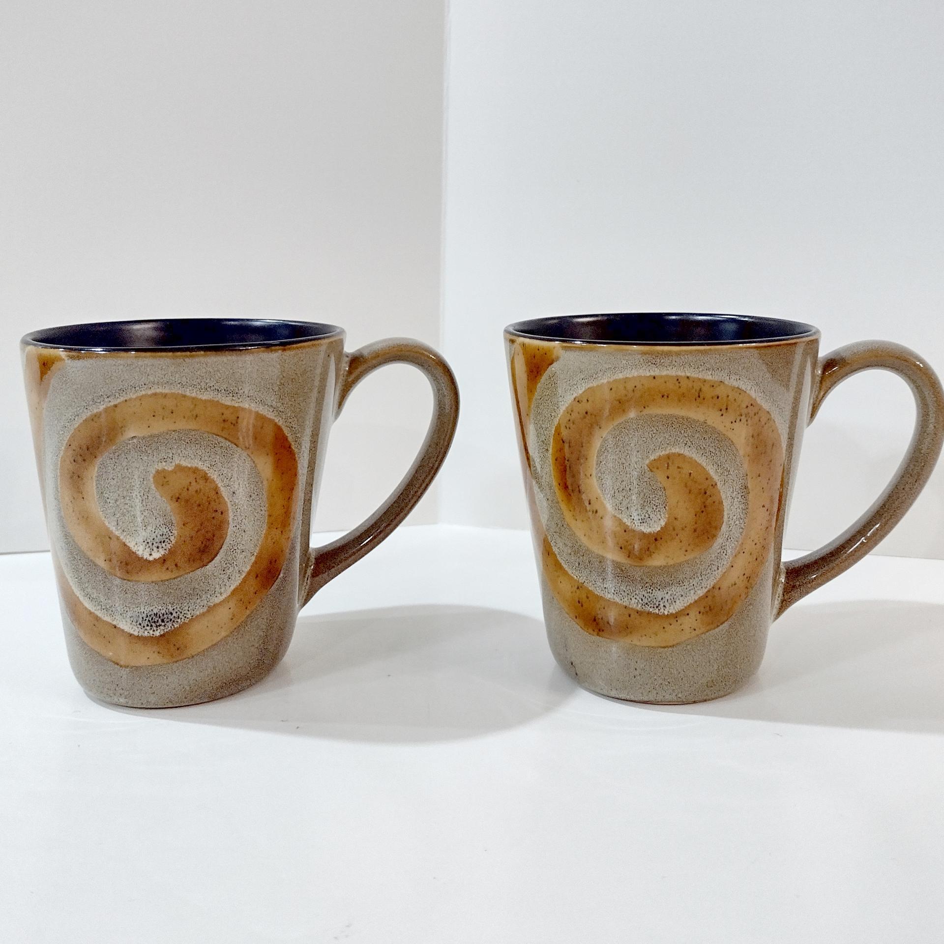 Vintage Brown and Tan Swirled Ceramic Coffee Tea Mugs, Set of Two, Oversized Stoneware Mugs