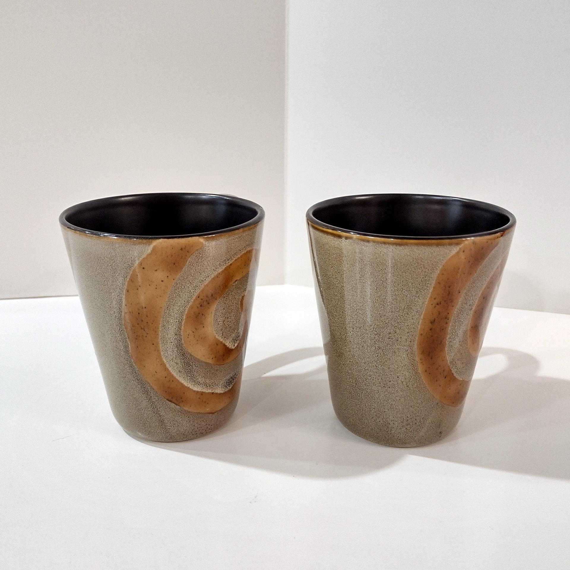 Vintage Brown and Tan Swirled Ceramic Coffee Tea Mugs, Set of Two, Oversized Stoneware Mugs
