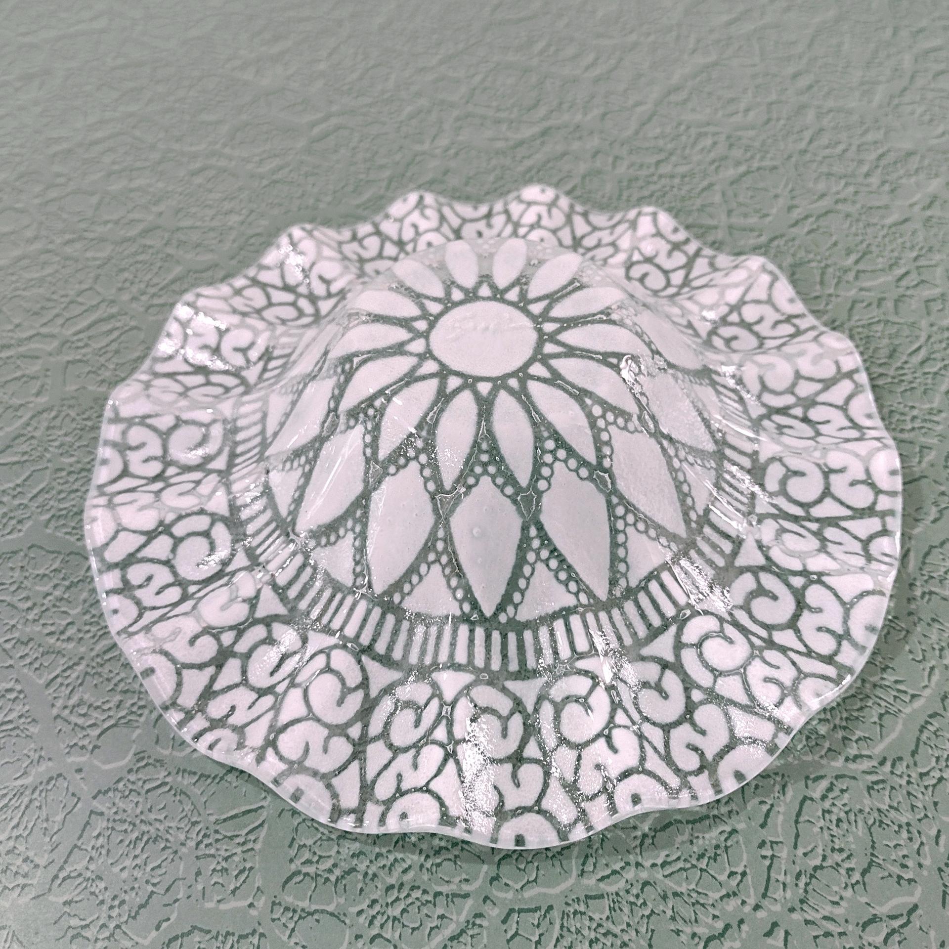 Vintage Sydenstricker Fused Glass Ruffled White and Clear Floral Bowl, Trinket Jewelry Dish