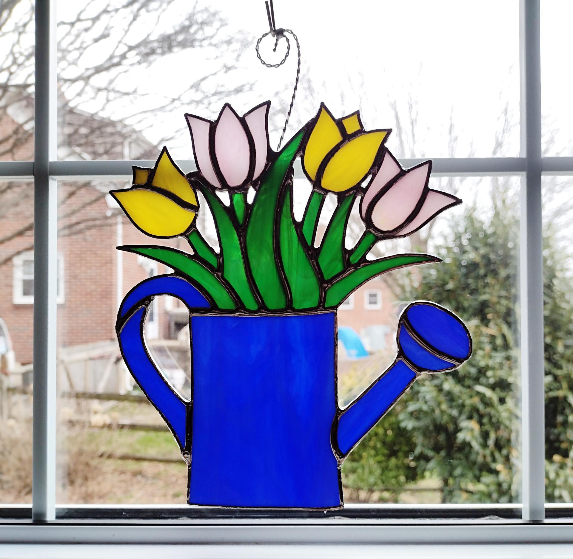 Stained Glass Tulip Bouquet in Watering Can