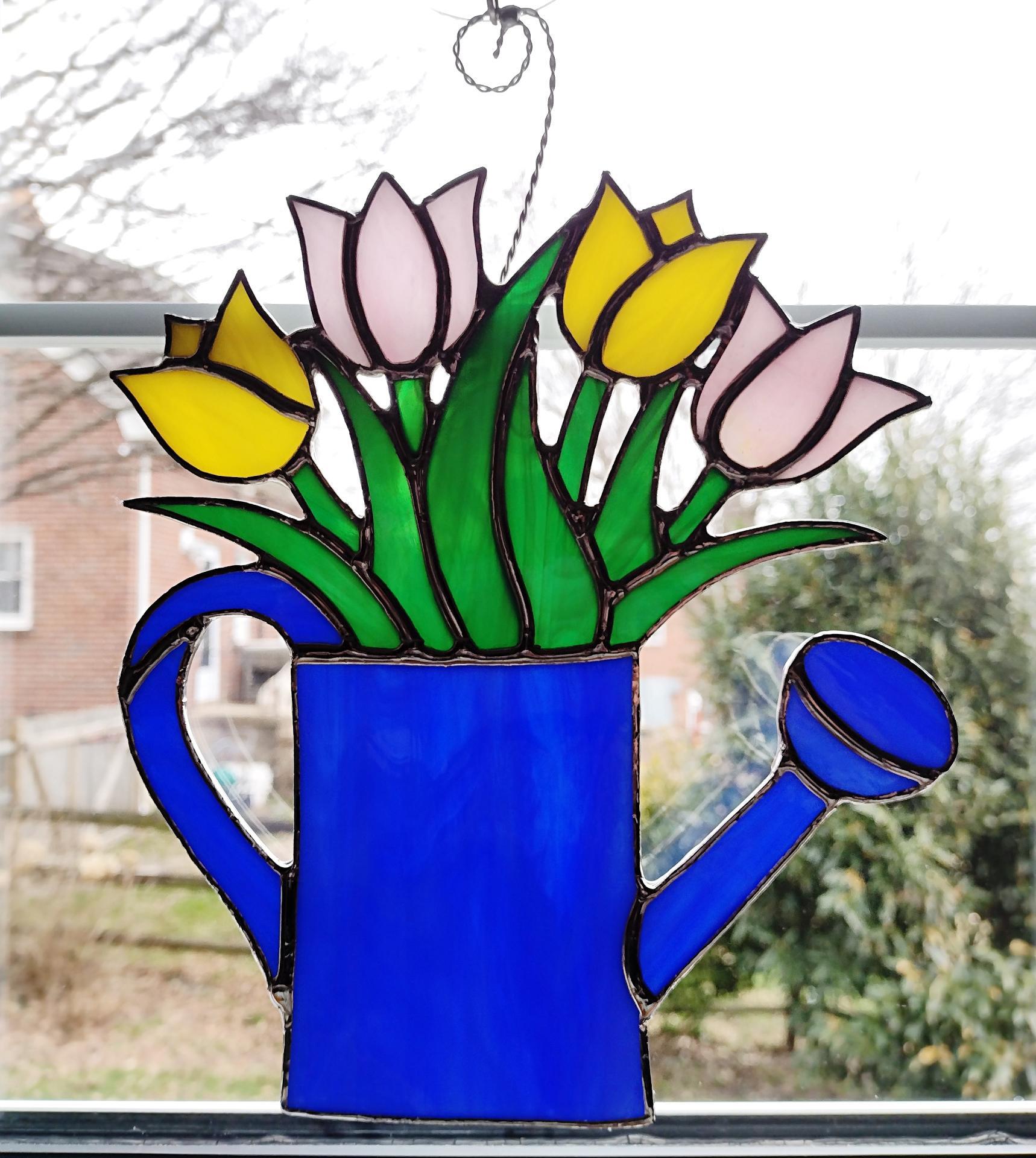 Stained Glass Tulip Bouquet in Watering Can