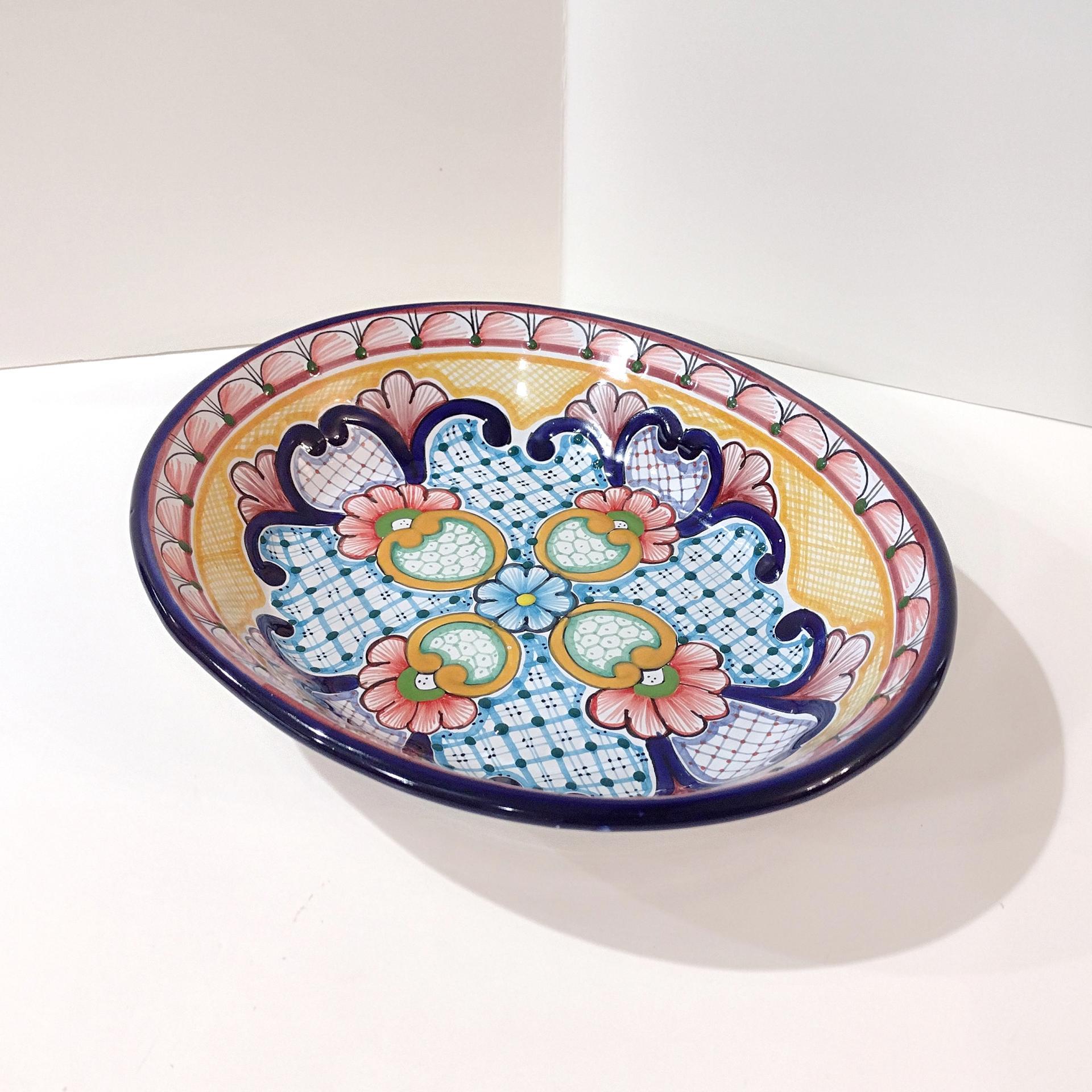 Vintage Authentic Talavera Mexican Oval Ceramic Serving Bowl, Hand Painted Floral Talavera Pottery