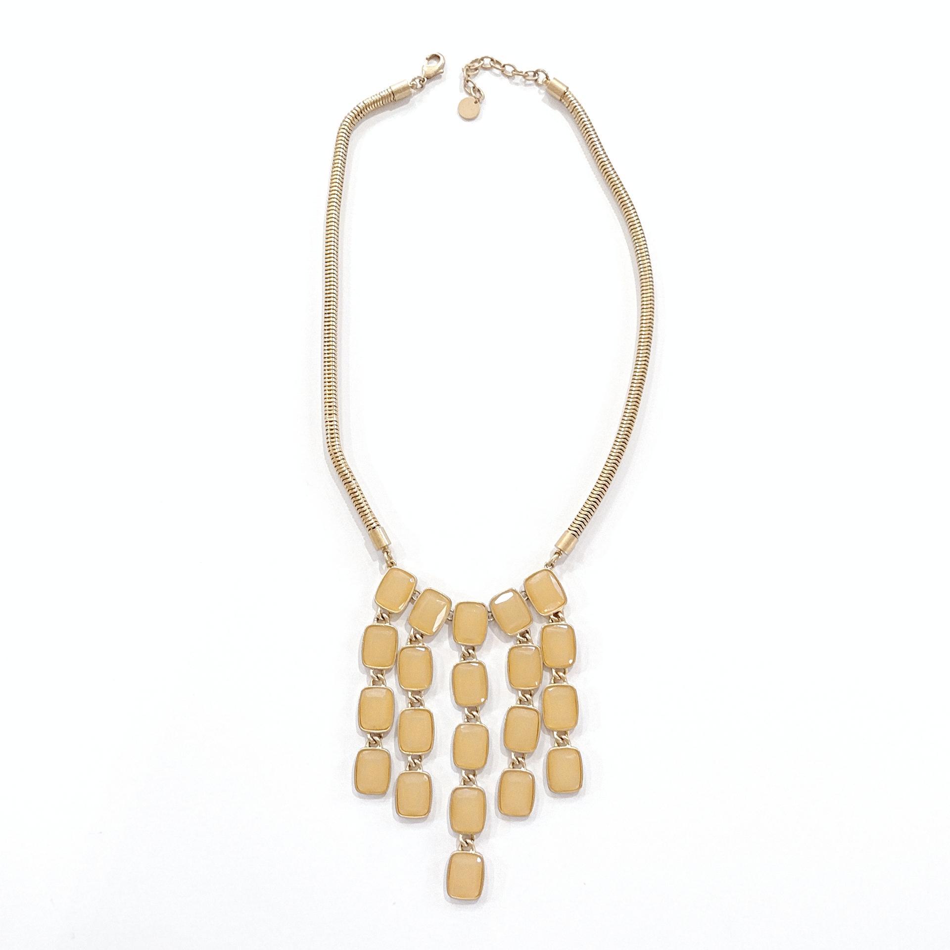 Vintage Talbots Tan Yellow Acrylic Cascade Statement Bib Necklace with Gold Tone Snake Chain, Adjustable Length 20" to 22"