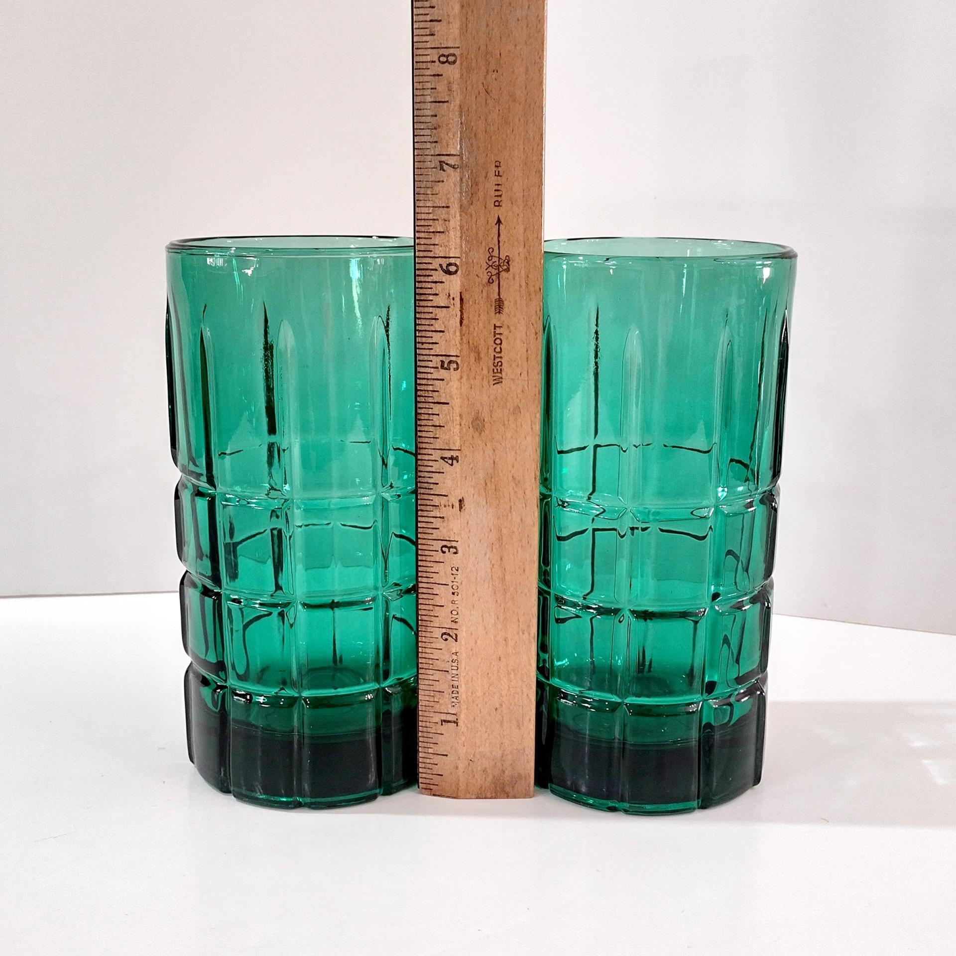 Vintage Anchor Hocking Dark Green Tartan Flat Iced Tea Glasses Tumblers, Set of Two