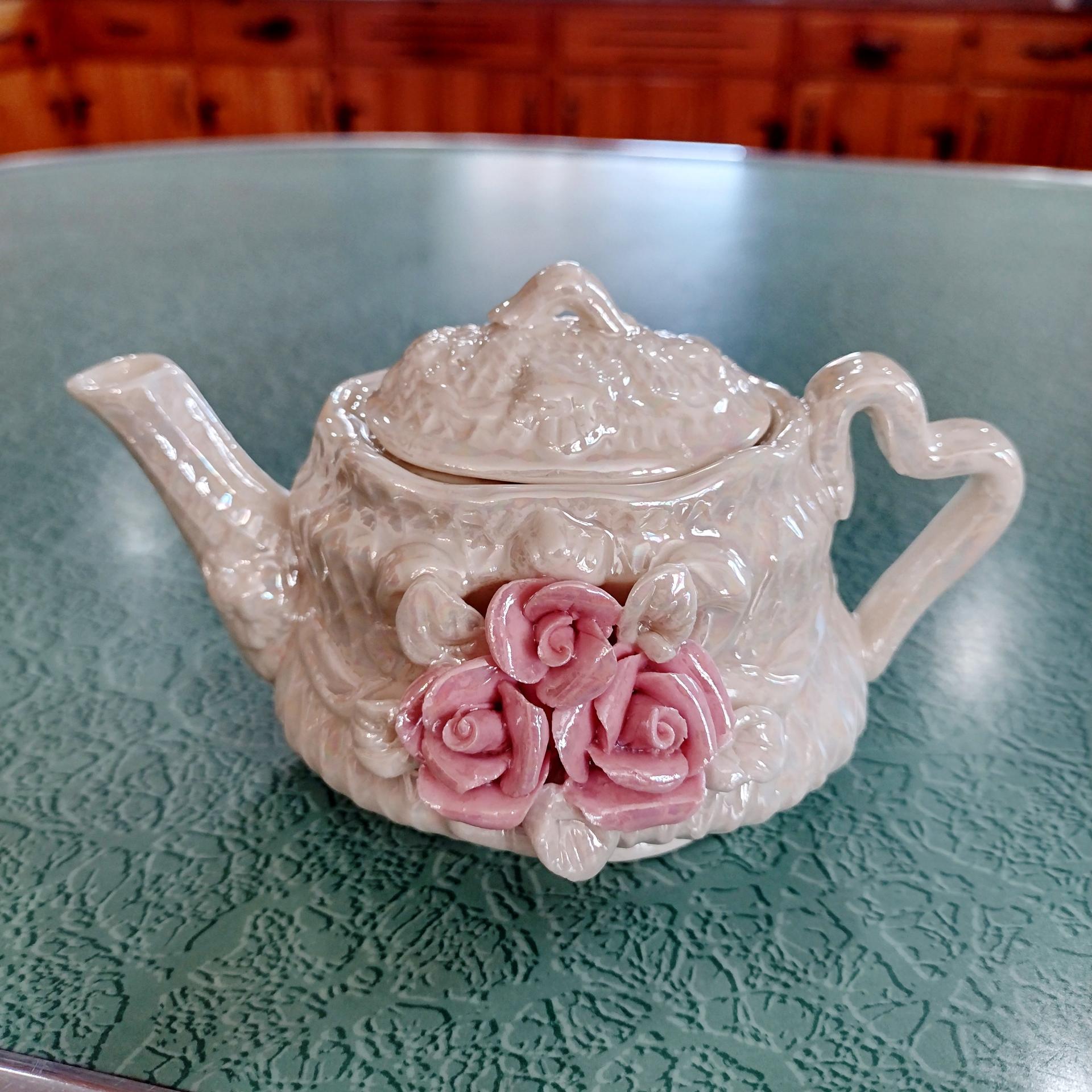 Vintage Opalescent Ceramic Miniature Teapot with Pink Roses Design