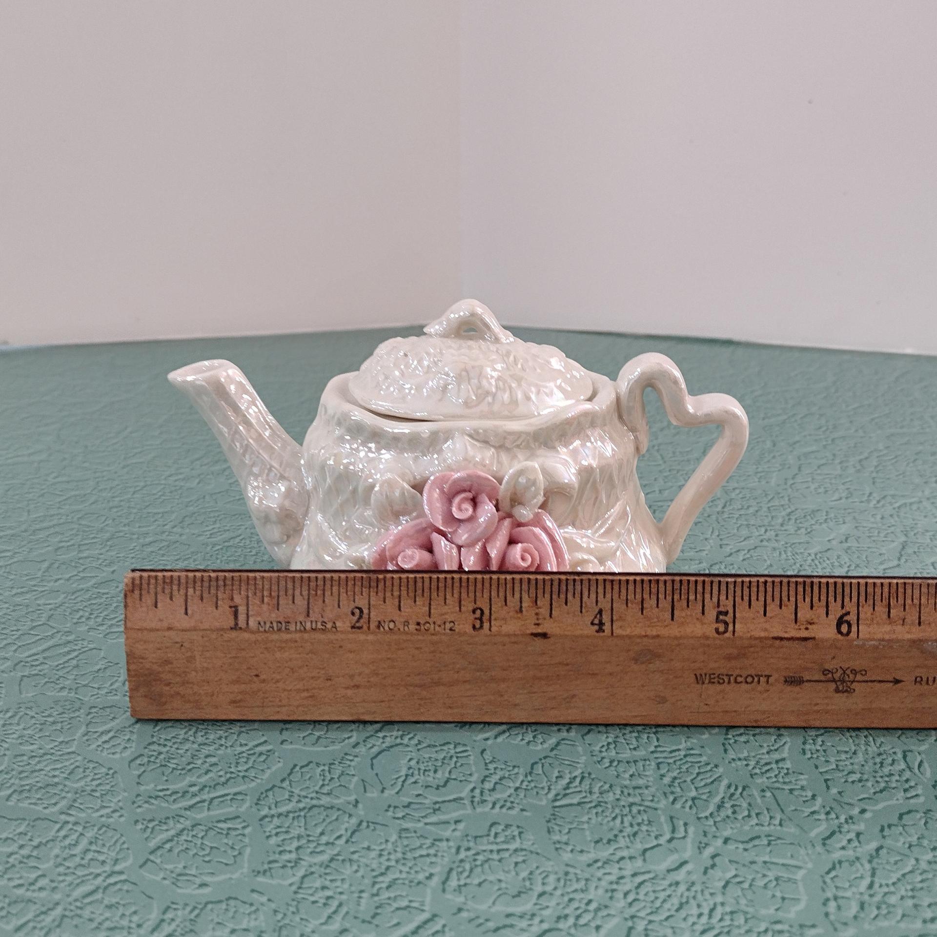Vintage Opalescent Ceramic Miniature Teapot with Pink Roses Design