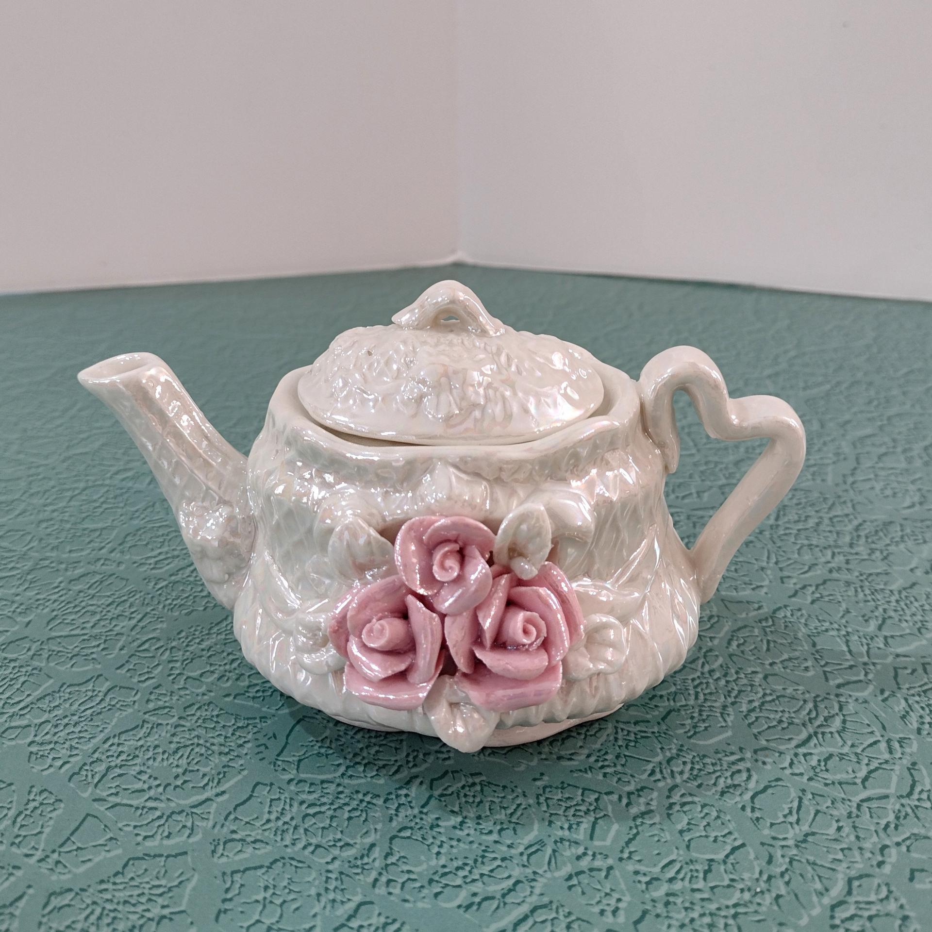 Vintage Opalescent Ceramic Miniature Teapot with Pink Roses Design