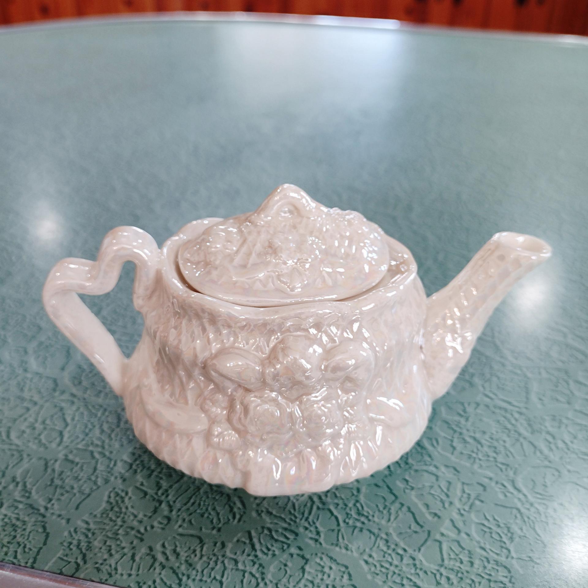 Vintage Opalescent Ceramic Miniature Teapot with Pink Roses Design