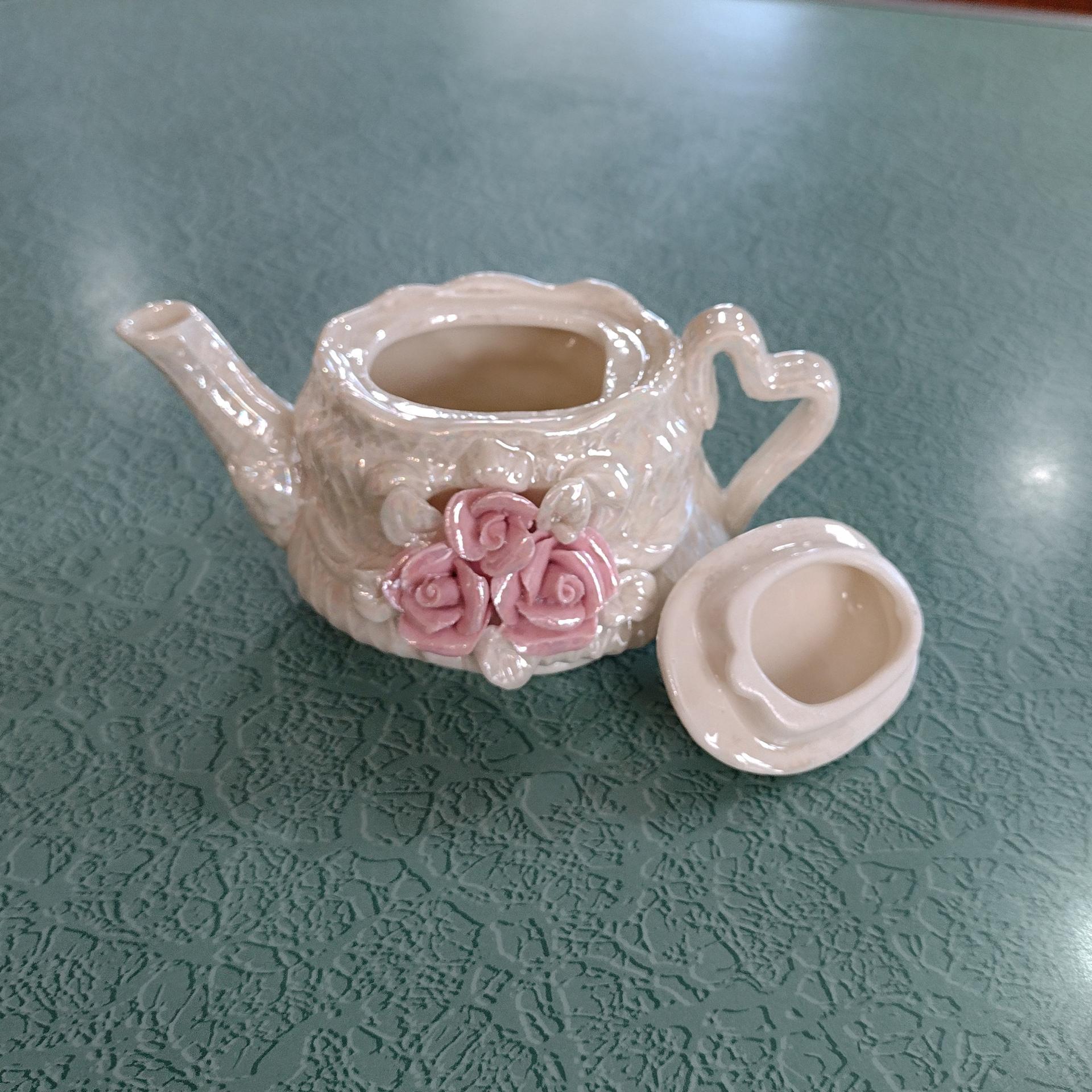 Vintage Opalescent Ceramic Miniature Teapot with Pink Roses Design
