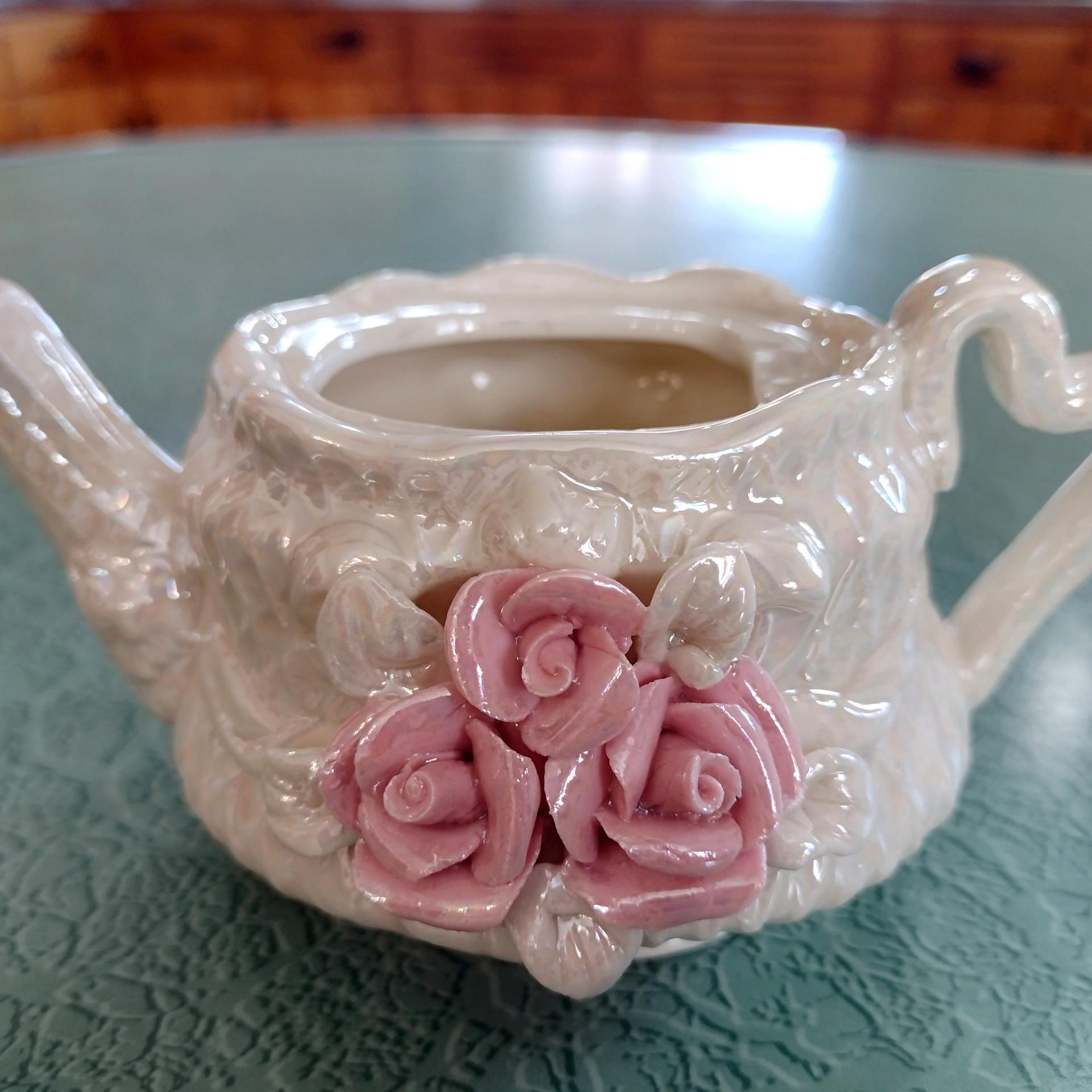 Vintage Opalescent Ceramic Miniature Teapot with Pink Roses Design