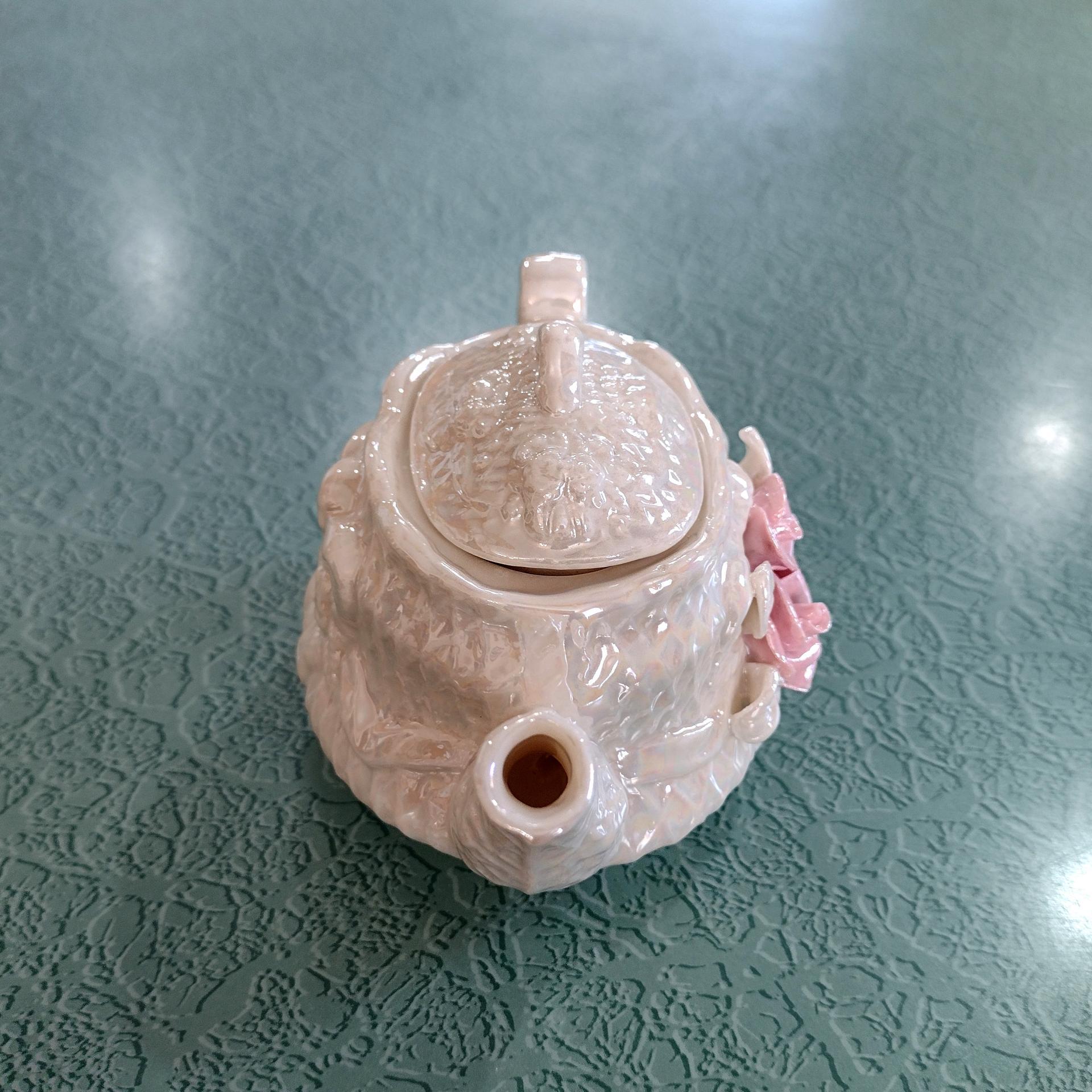 Vintage Opalescent Ceramic Miniature Teapot with Pink Roses Design