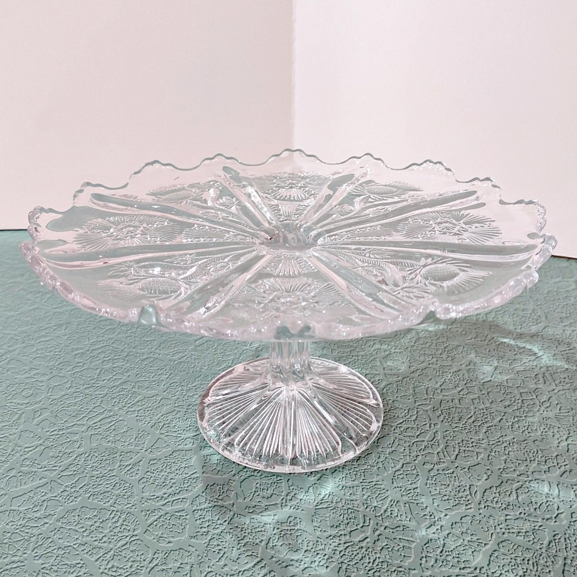 Antique John Higbee Delta Thistle 9 3/4 In Clear Pressed Glass Pedestal Cake Stand with Scalloped Lip, Vintage EAPG Pastry Dessert Plate