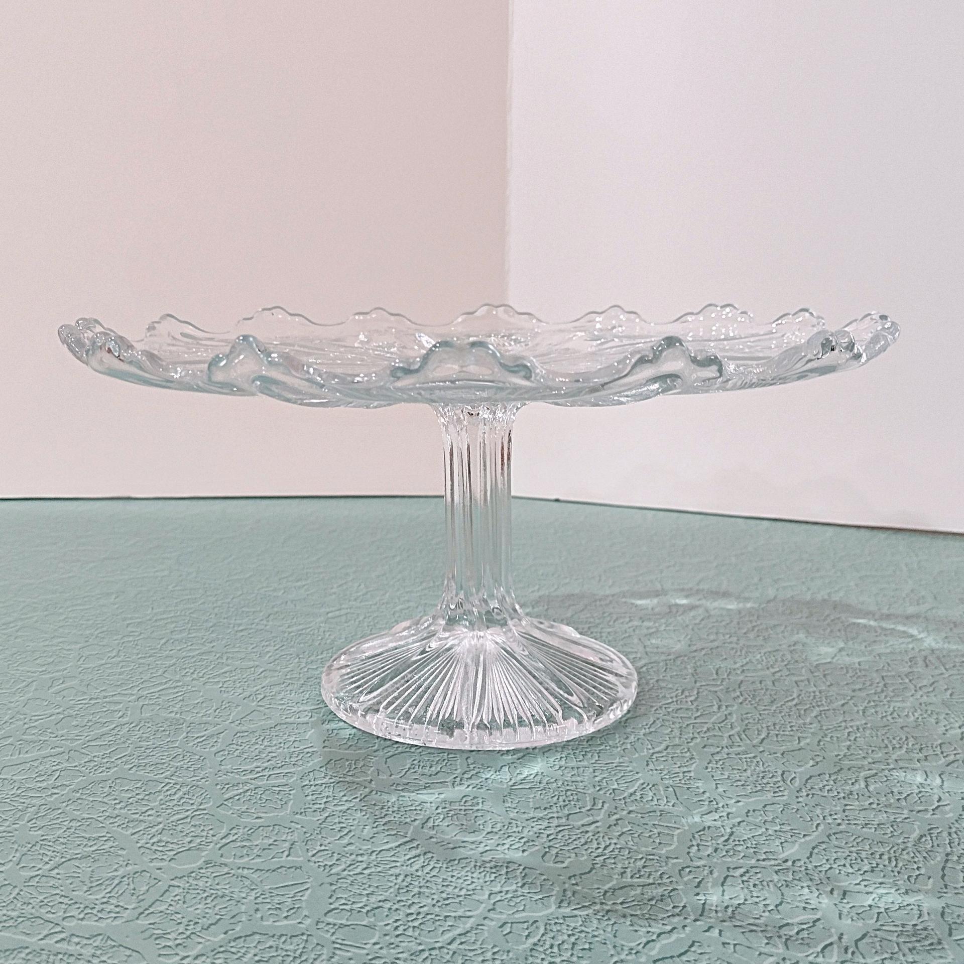 Antique John Higbee Delta Thistle 9 3/4 In Clear Pressed Glass Pedestal Cake Stand with Scalloped Lip, Vintage EAPG Pastry Dessert Plate