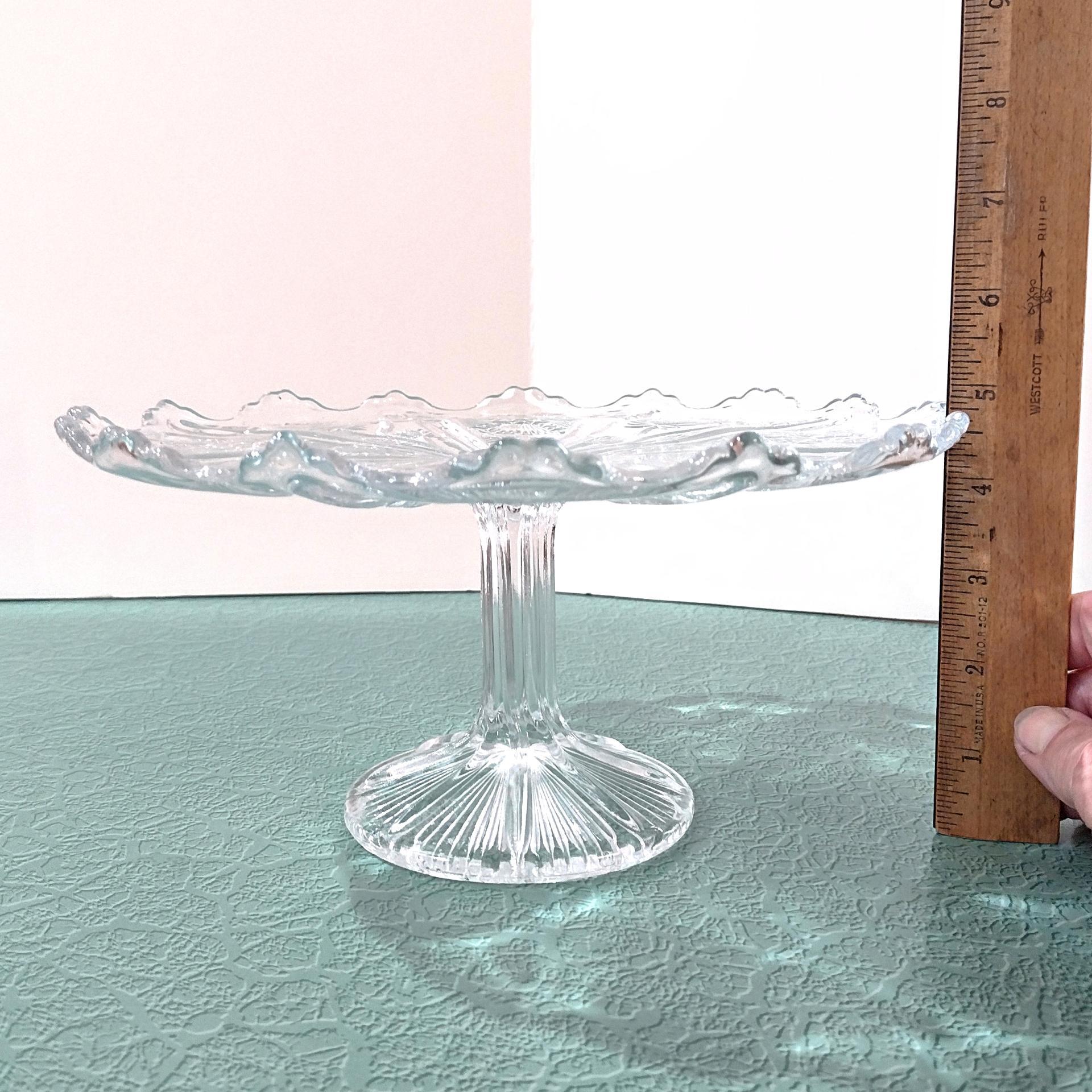 Antique John Higbee Delta Thistle 9 3/4 In Clear Pressed Glass Pedestal Cake Stand with Scalloped Lip, Vintage EAPG Pastry Dessert Plate