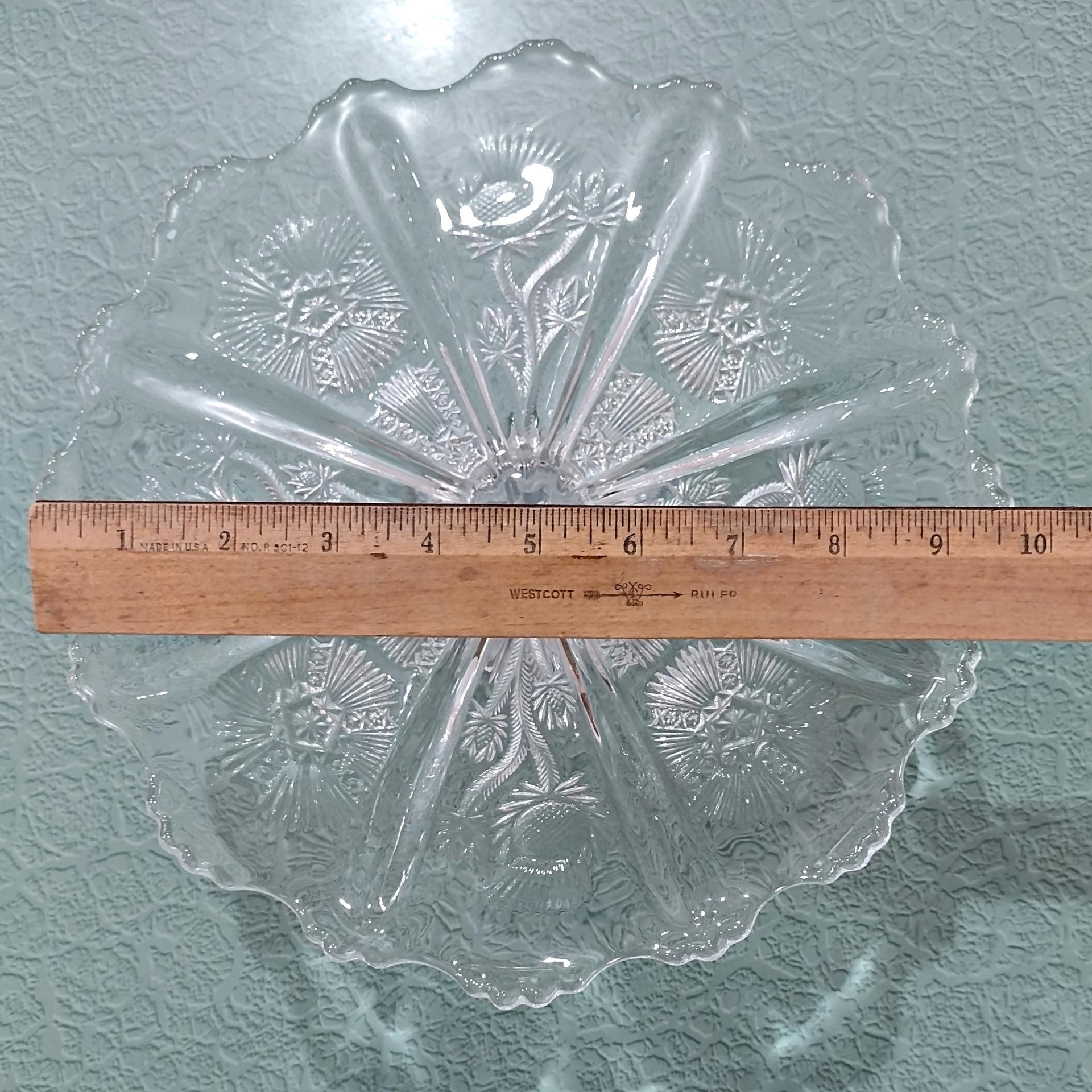 Antique John Higbee Delta Thistle 9 3/4 In Clear Pressed Glass Pedestal Cake Stand with Scalloped Lip, Vintage EAPG Pastry Dessert Plate
