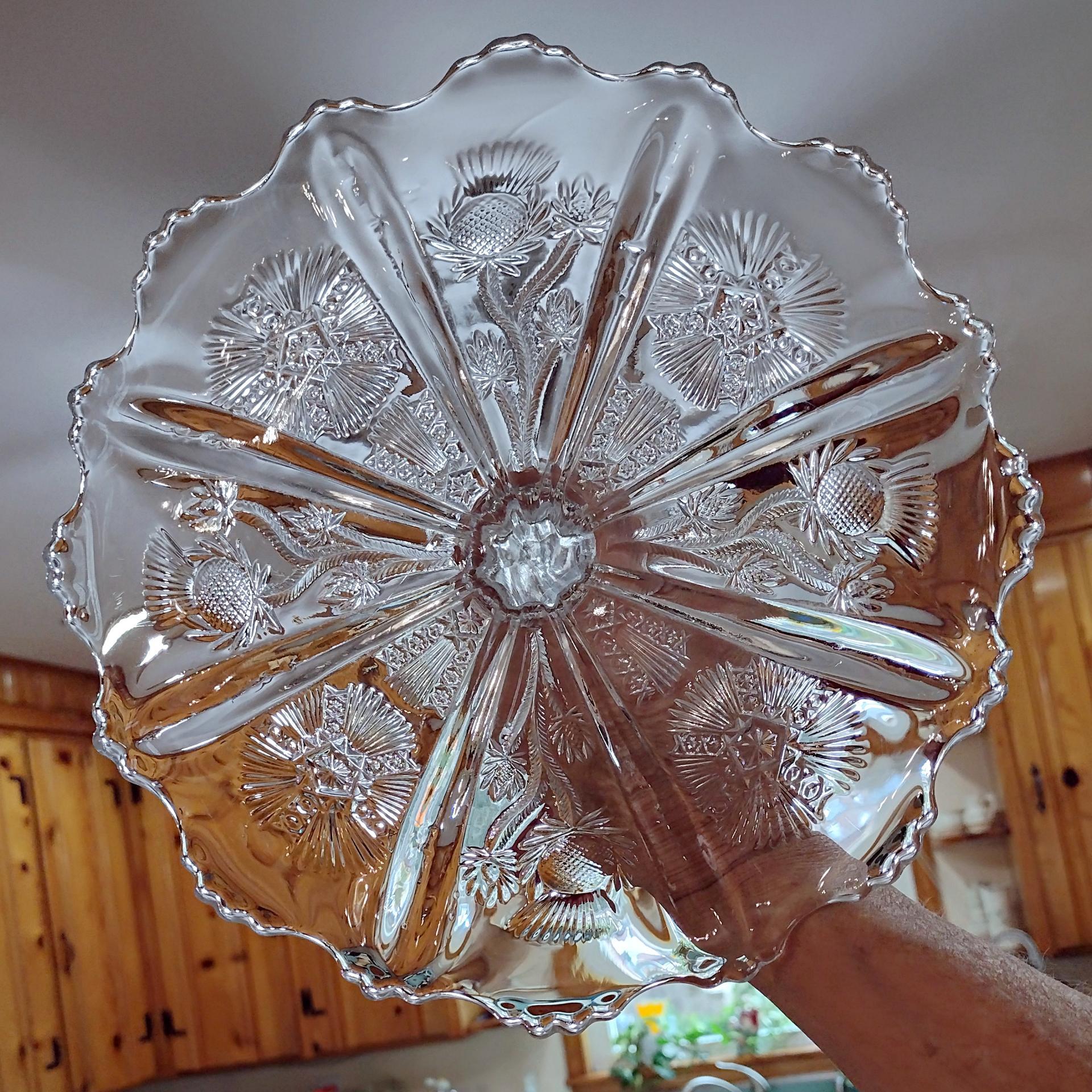 Antique John Higbee Delta Thistle 9 3/4 In Clear Pressed Glass Pedestal Cake Stand with Scalloped Lip, Vintage EAPG Pastry Dessert Plate