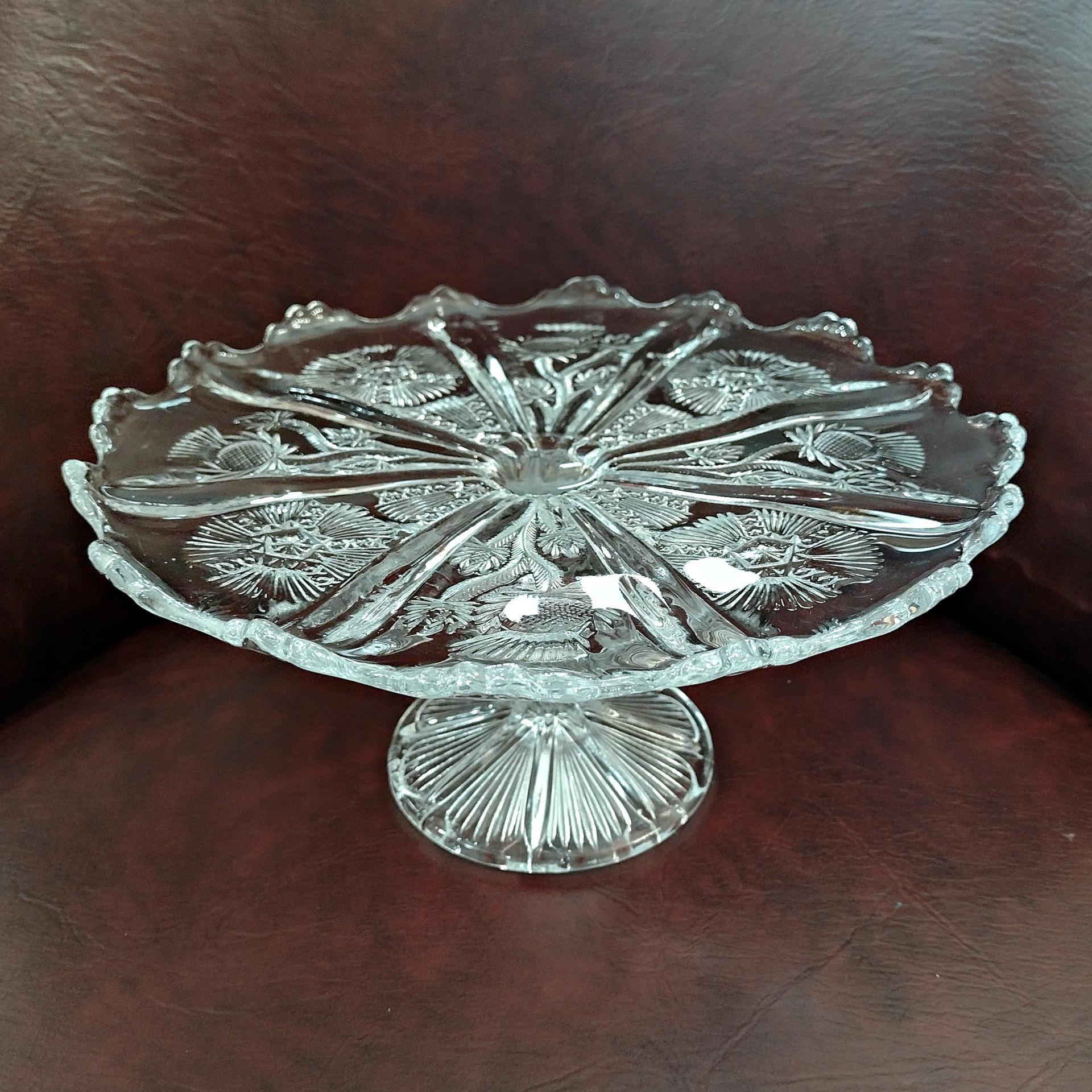 Antique John Higbee Delta Thistle 9 3/4 In Clear Pressed Glass Pedestal Cake Stand with Scalloped Lip, Vintage EAPG Pastry Dessert Plate