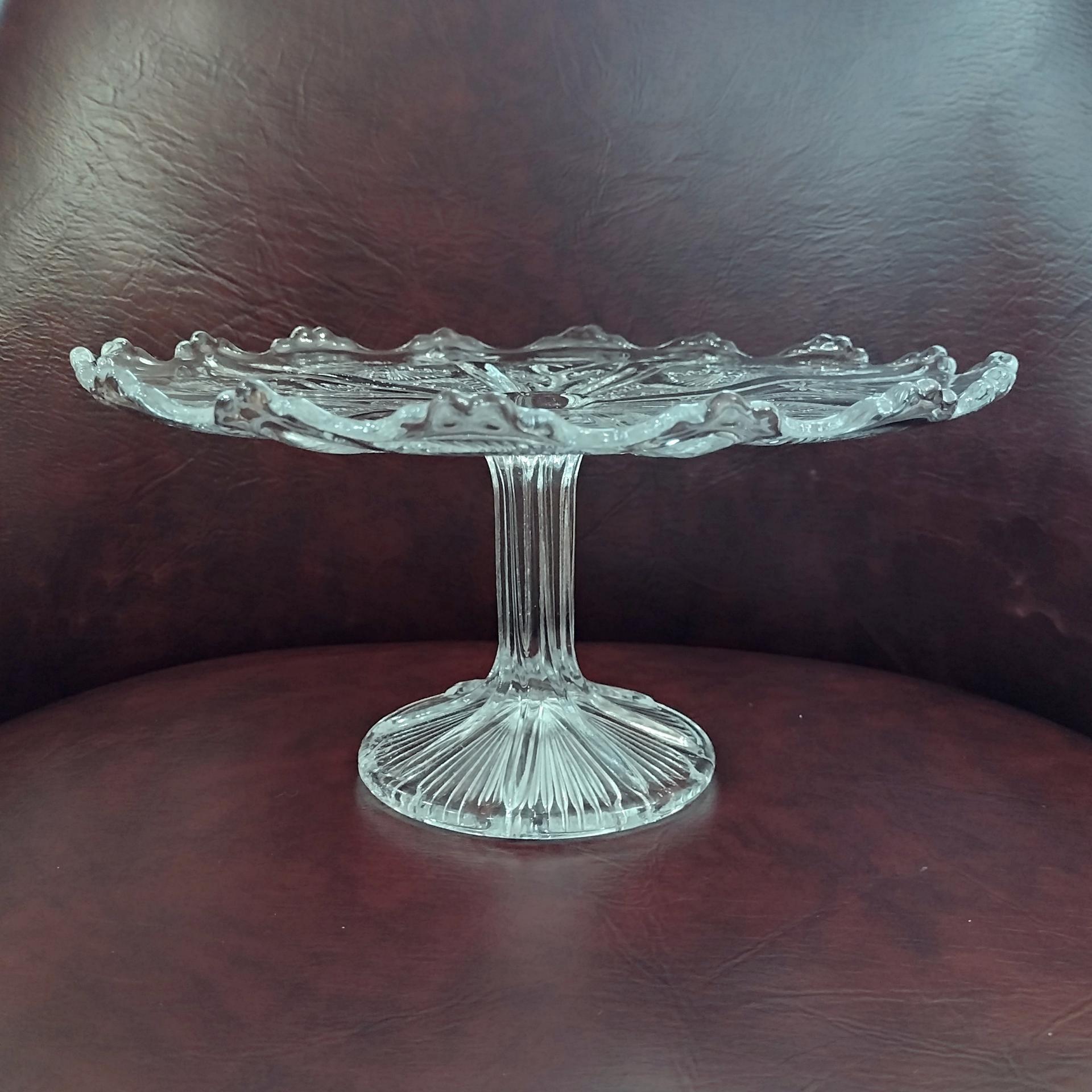 Antique John Higbee Delta Thistle 9 3/4 In Clear Pressed Glass Pedestal Cake Stand with Scalloped Lip, Vintage EAPG Pastry Dessert Plate