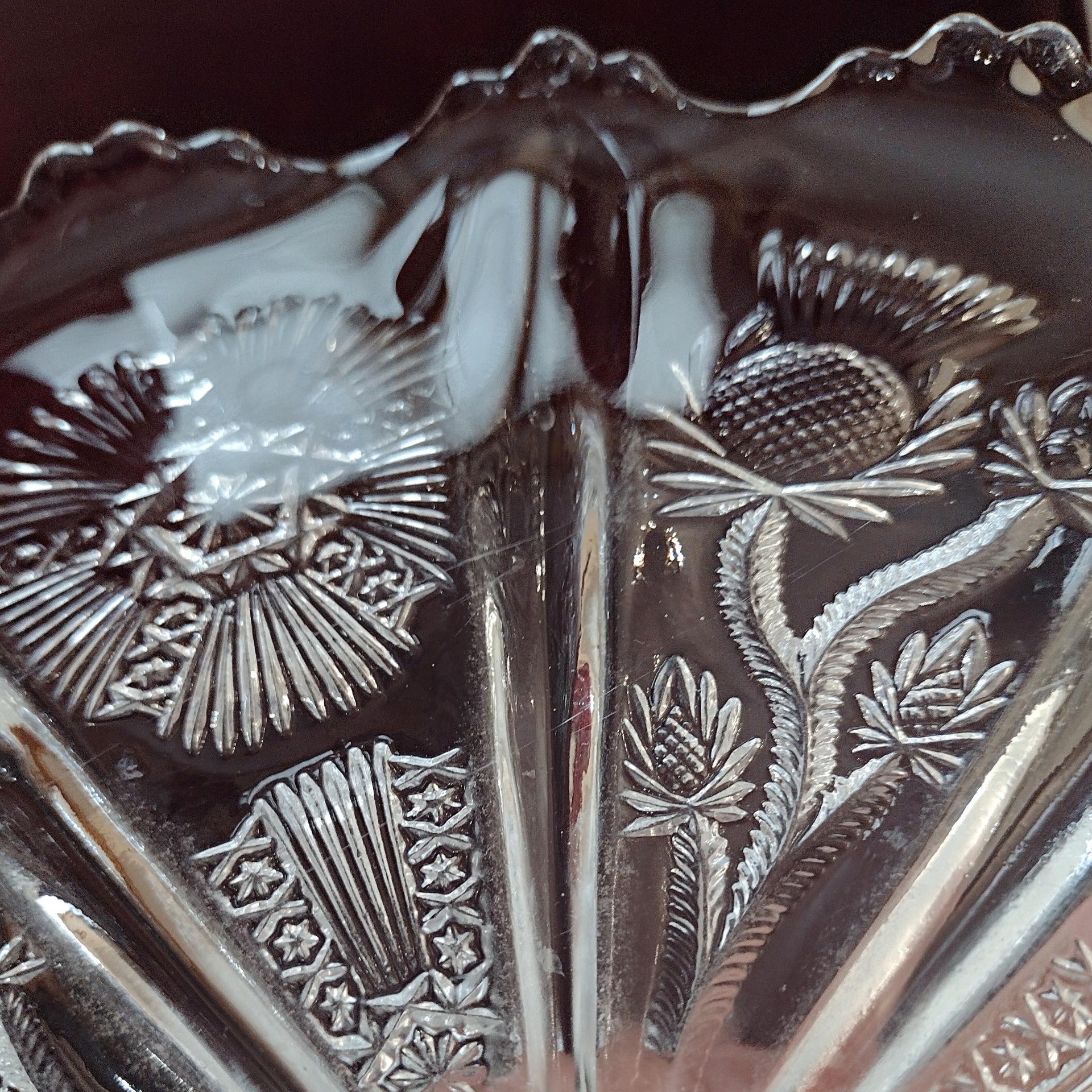 Antique John Higbee Delta Thistle 9 3/4 In Clear Pressed Glass Pedestal Cake Stand with Scalloped Lip, Vintage EAPG Pastry Dessert Plate