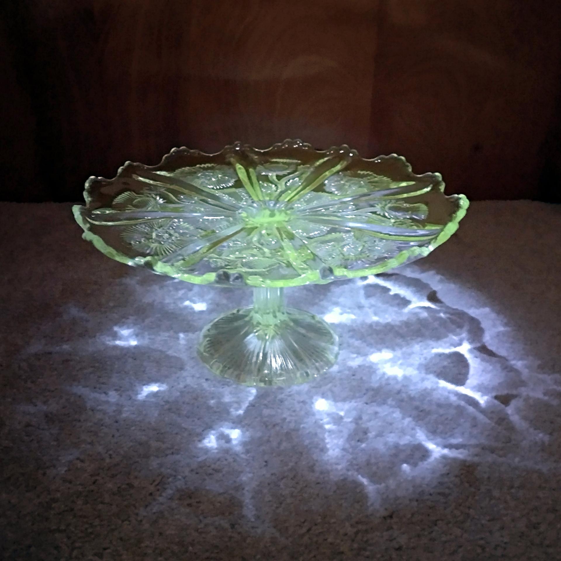 Antique John Higbee Delta Thistle 9 3/4 In Clear Pressed Glass Pedestal Cake Stand with Scalloped Lip, Vintage EAPG Pastry Dessert Plate