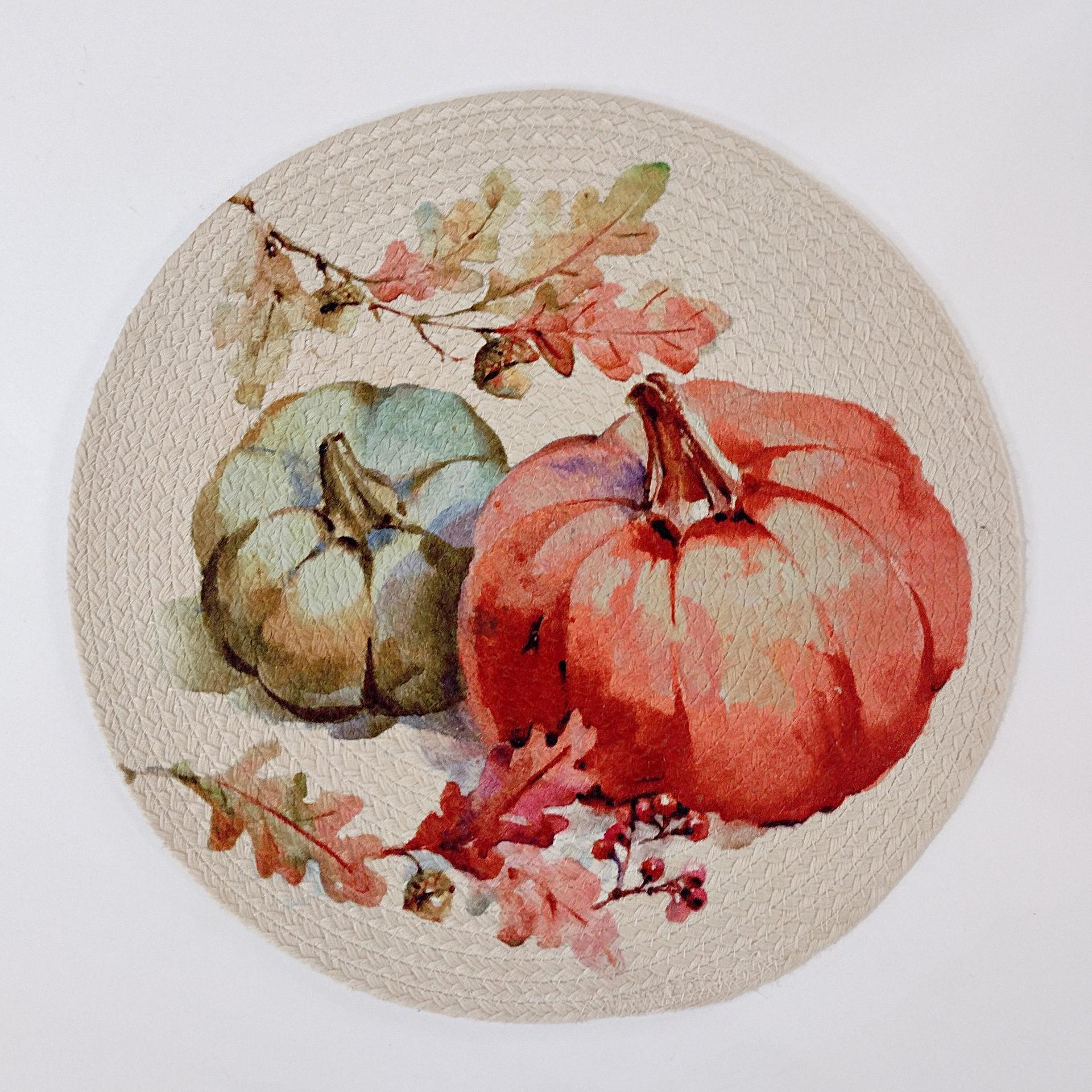 Vintage Round Fabric Fall Pumpkin Placemats, Set of 5