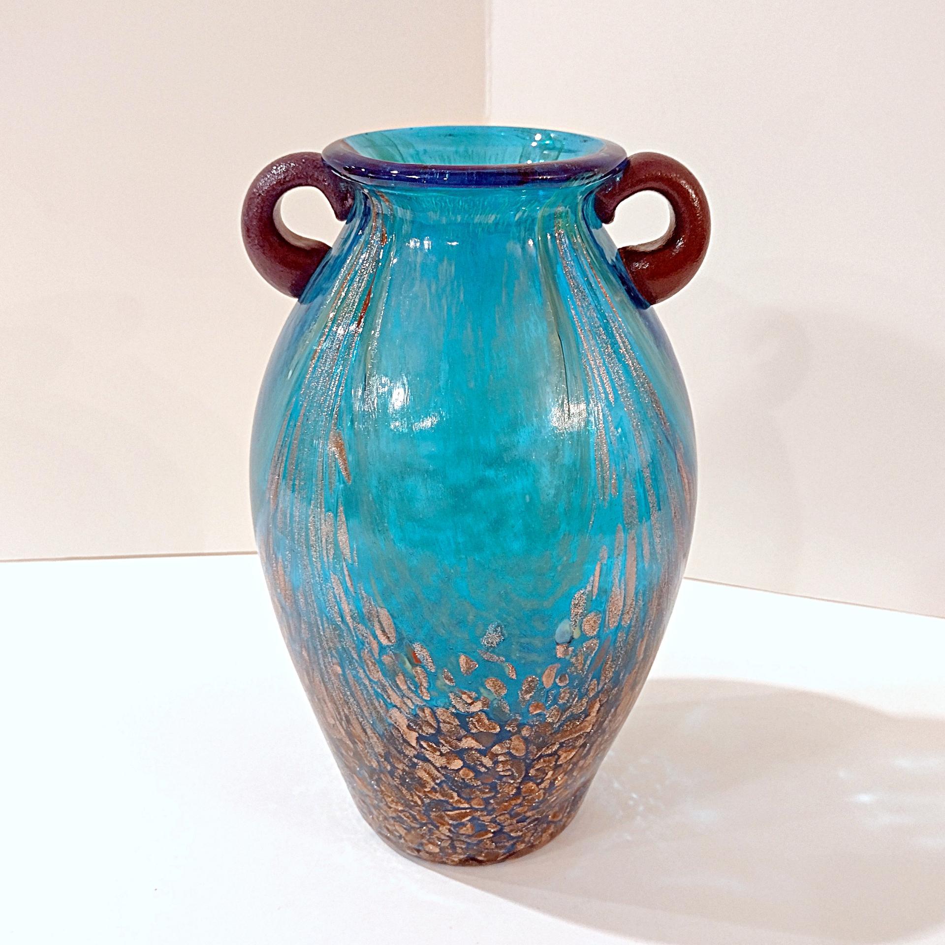 Vintage Dale Tiffany Peacock Blue Favrile Glass Amphora Vase with Copper Flecks and Amethyst Handles